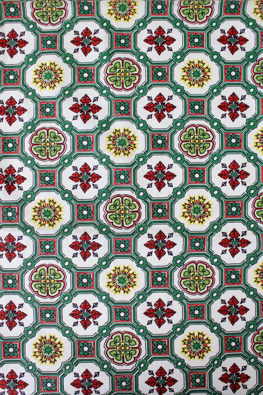 1960s Green and Red Tile Medallion Cotton Sewing Fabric, 1.1 yards