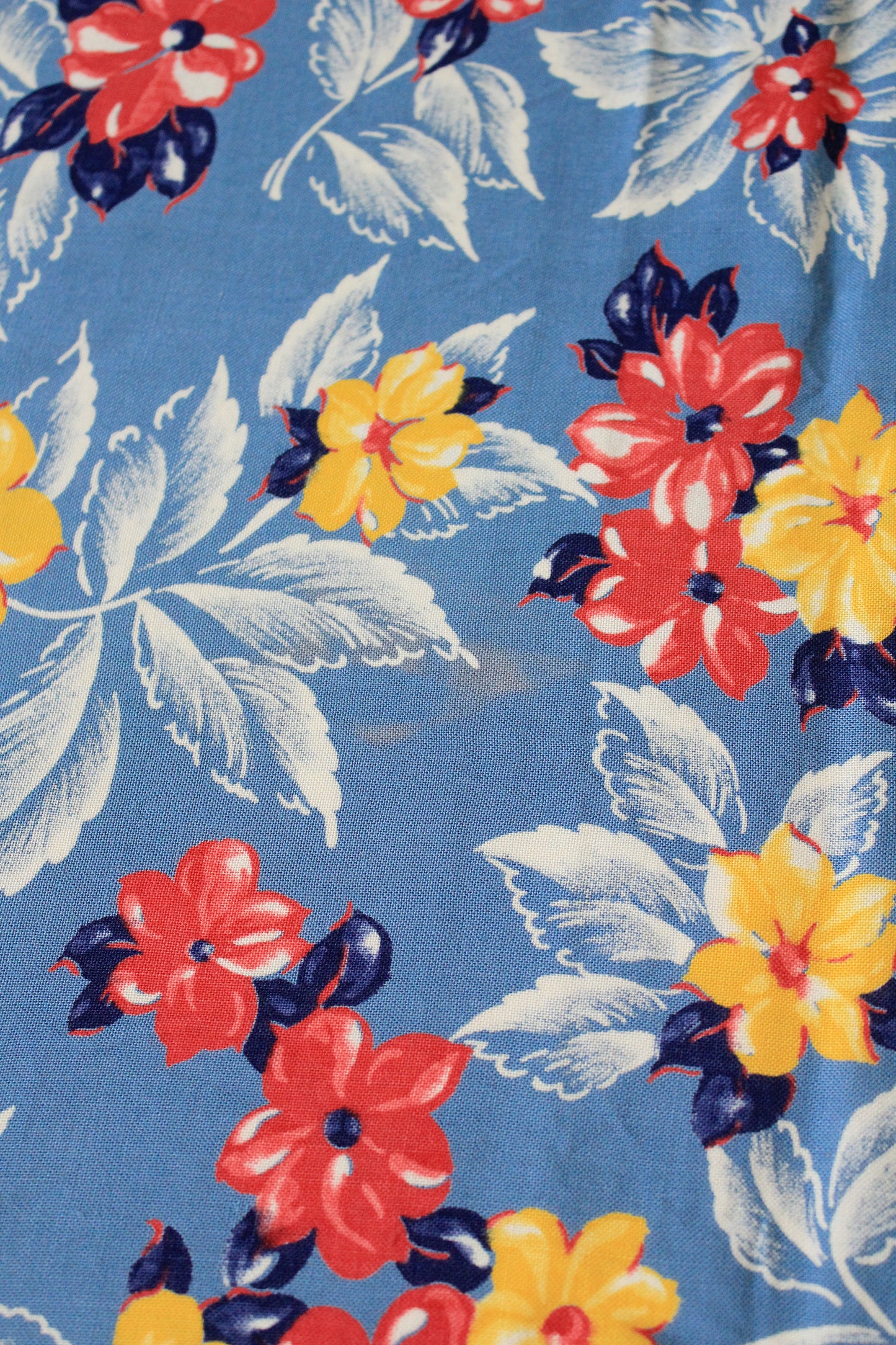 1940s Light Blue Rayon Fabric With Red And Yellow Tropical Flowers, 6.5 Yards
