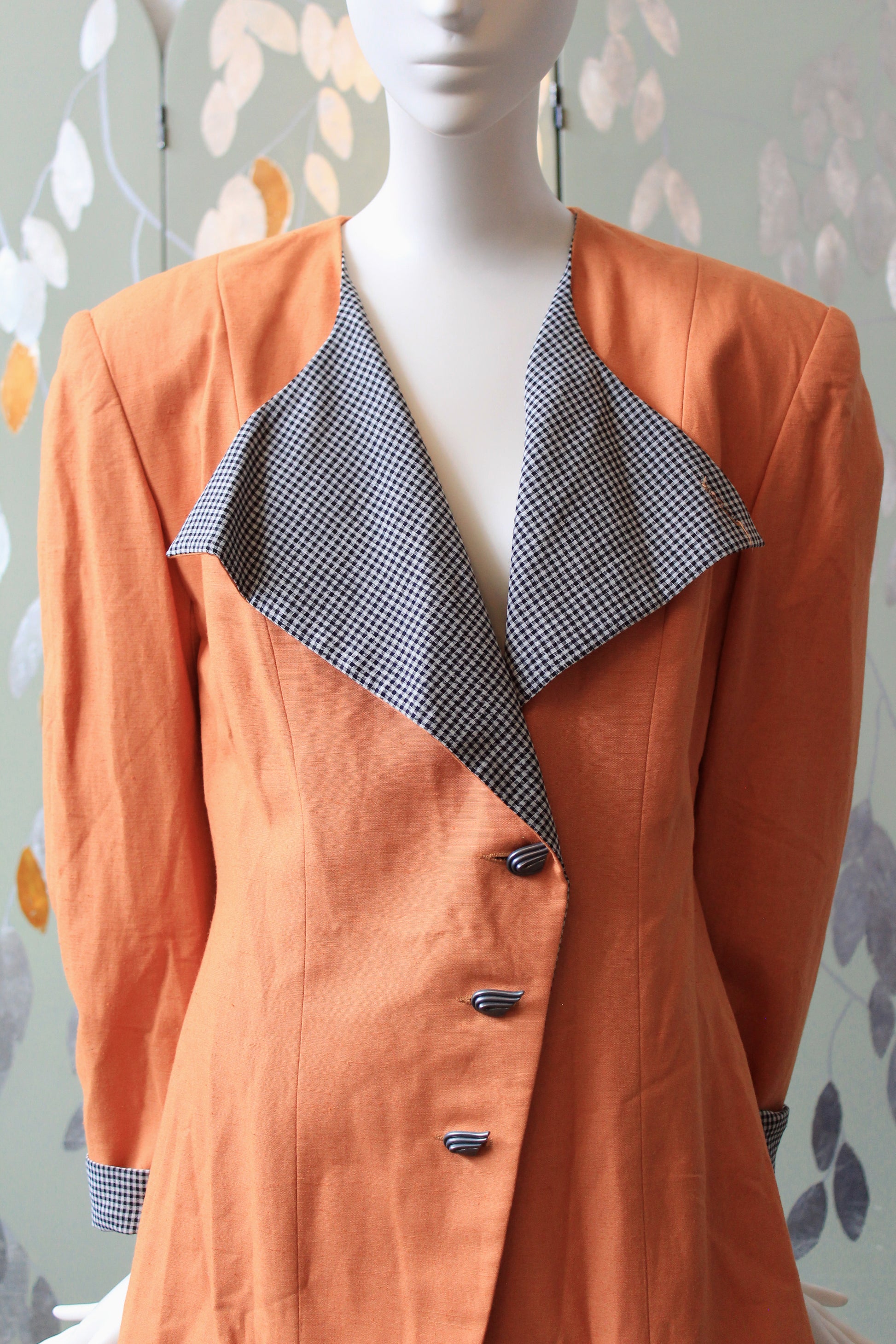 1980s Orange With Black And White Gingham Lapel Blazer With Diagonal Closure, Large