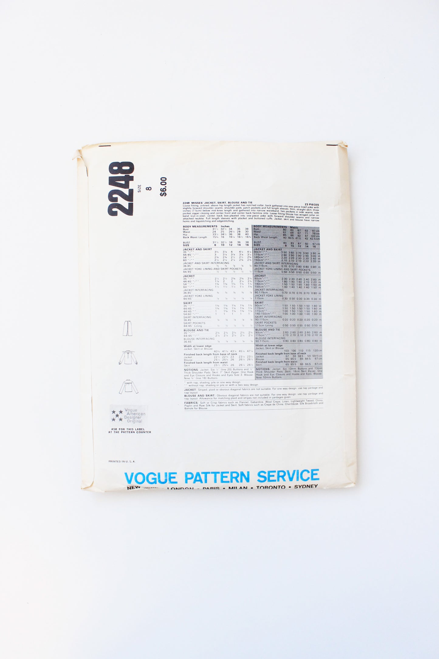 1980s Jacket, Blouse, Skirt And Tie Vogue American Designer 2248 Sewing Pattern, Cut-Complete Size 8