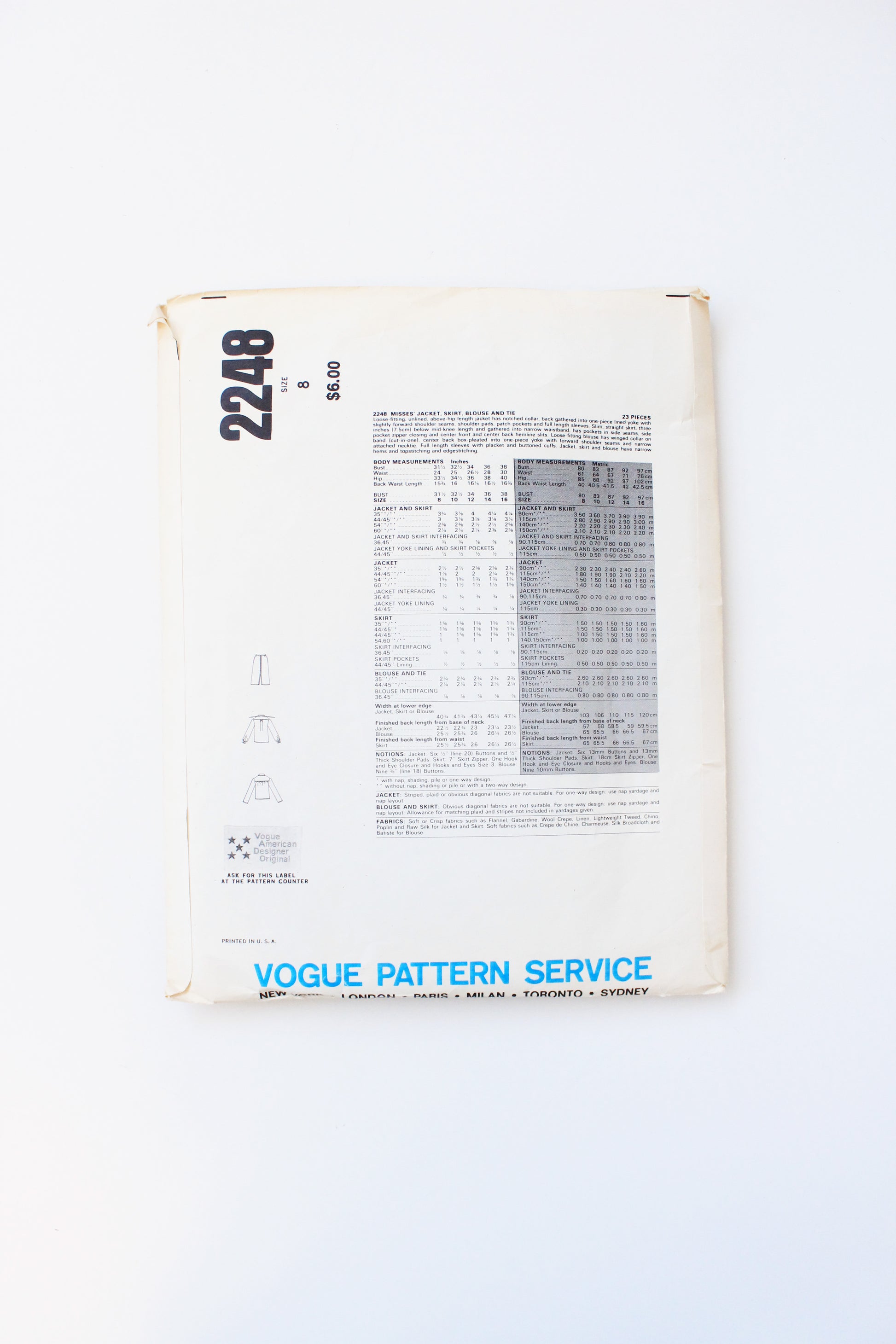 1980s Jacket, Blouse, Skirt And Tie Vogue American Designer 2248 Sewing Pattern, Cut-Complete Size 8