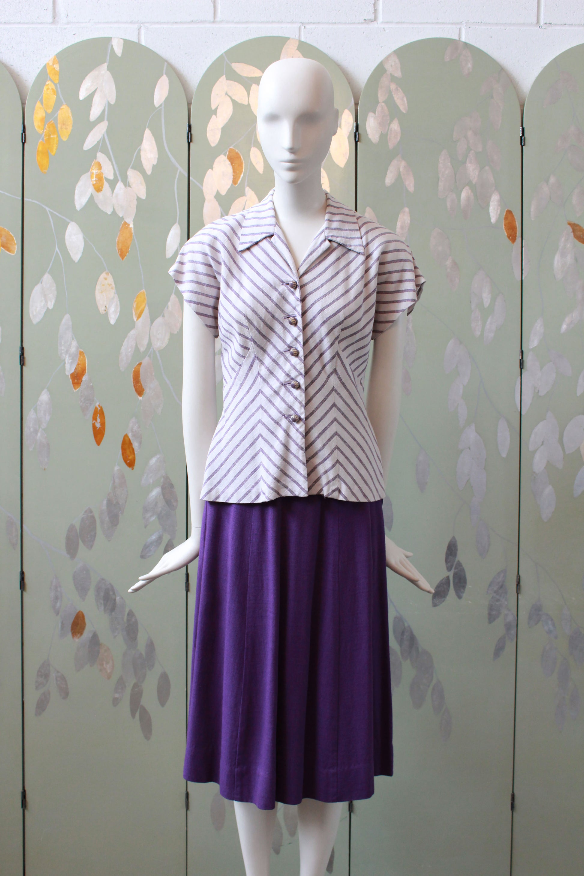 Vintage 1950s Purple Stripes Summer 2 PC Skirt Set, XS