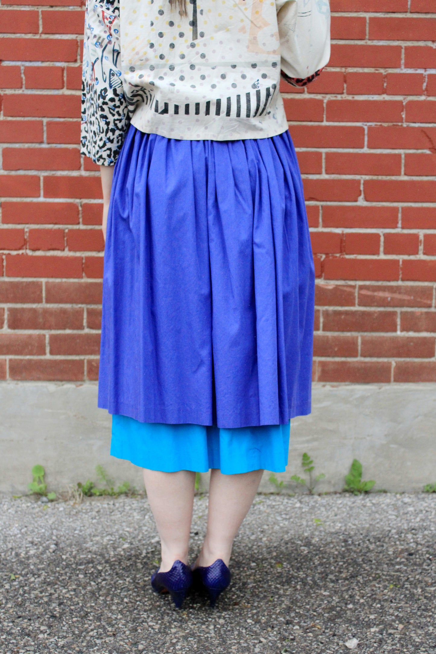 Vintage 1980s Laurèl by Escada Two Tone Blue Full Gathered Cotton Skirt, Small