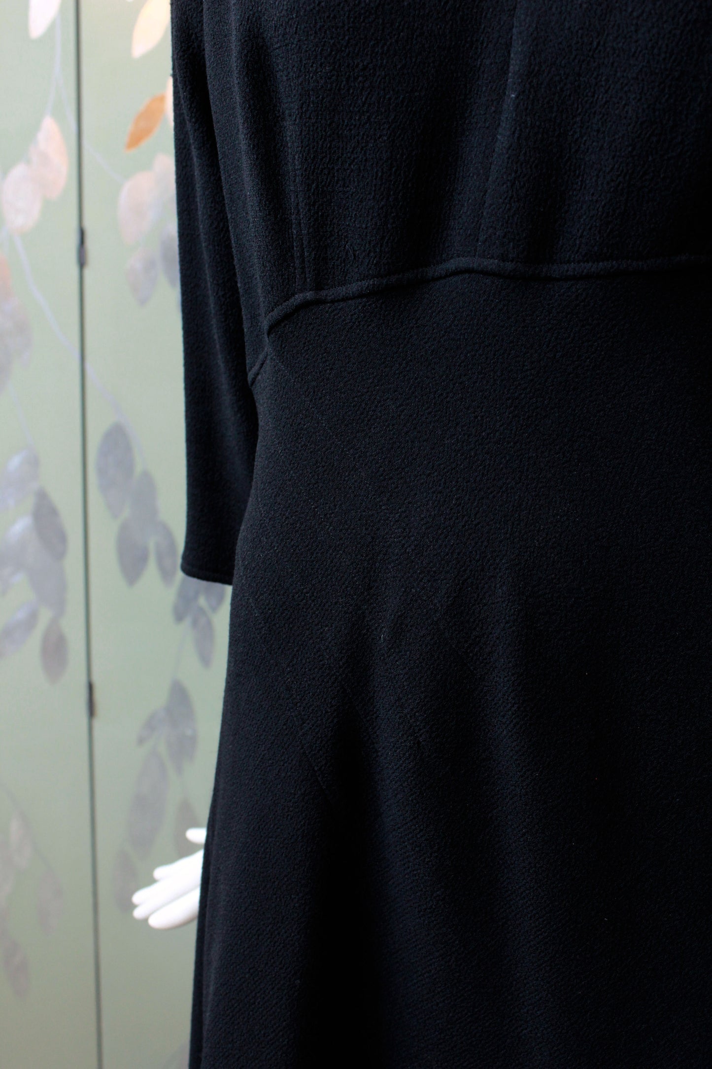 Vintage 1990s Black 3/4 Sleeve Wool Dress With Flower Detail, Rickie Freeman for Toni Jon, Medium