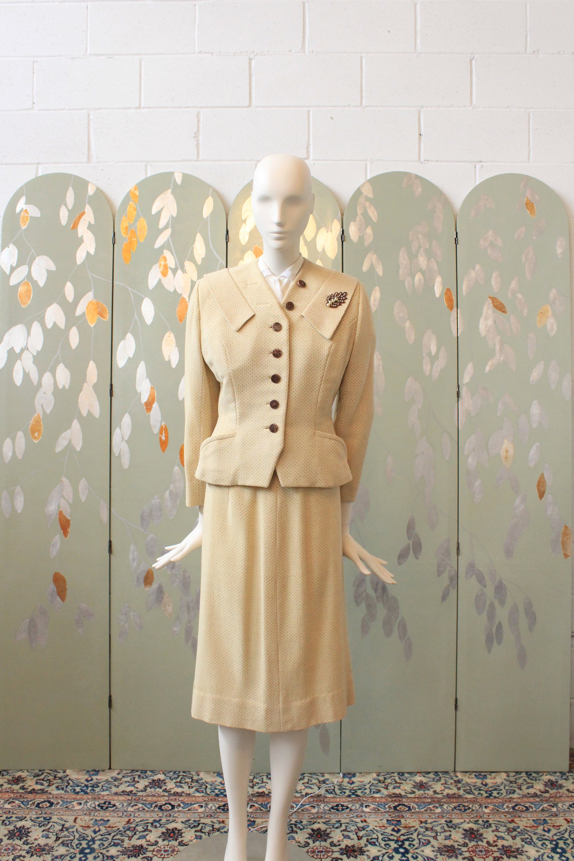 Vintage 1950s Cream and Brown Dot Skirt Suit Set With Leaf Embellishment, XS