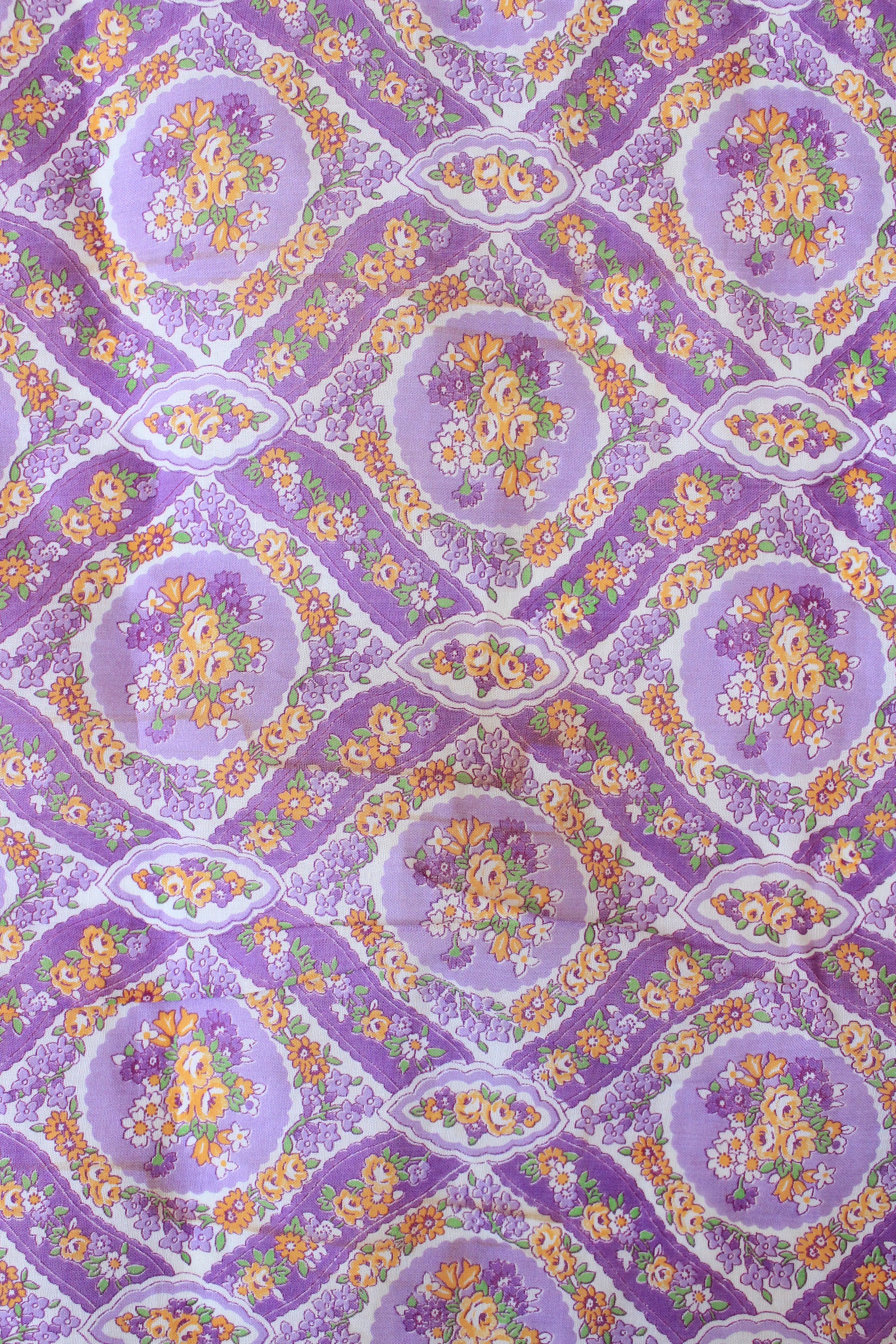 1930s Purple Cotton Sewing Fabric With Orange Flowers , 3.4 Yards