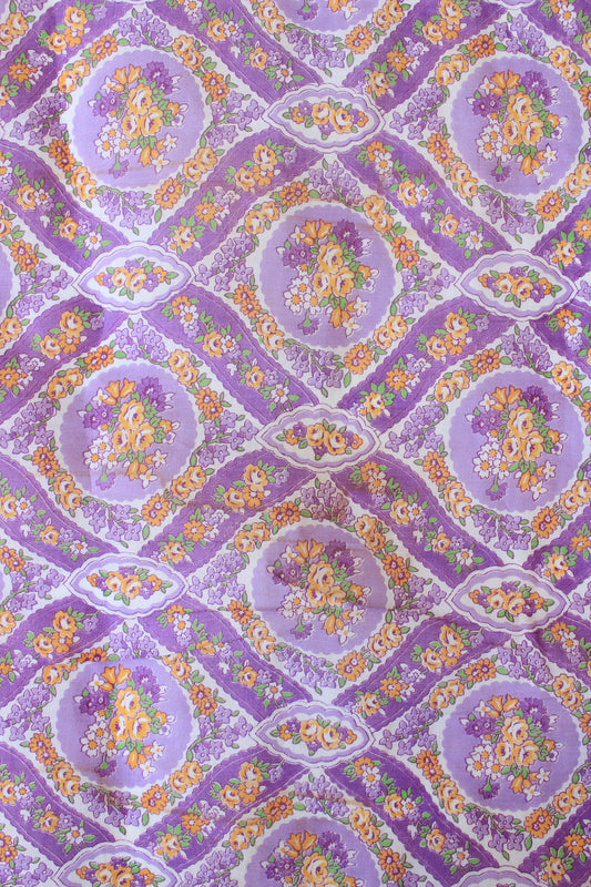 1930s Purple Cotton Sewing Fabric With Orange Flowers , 3.4 Yards