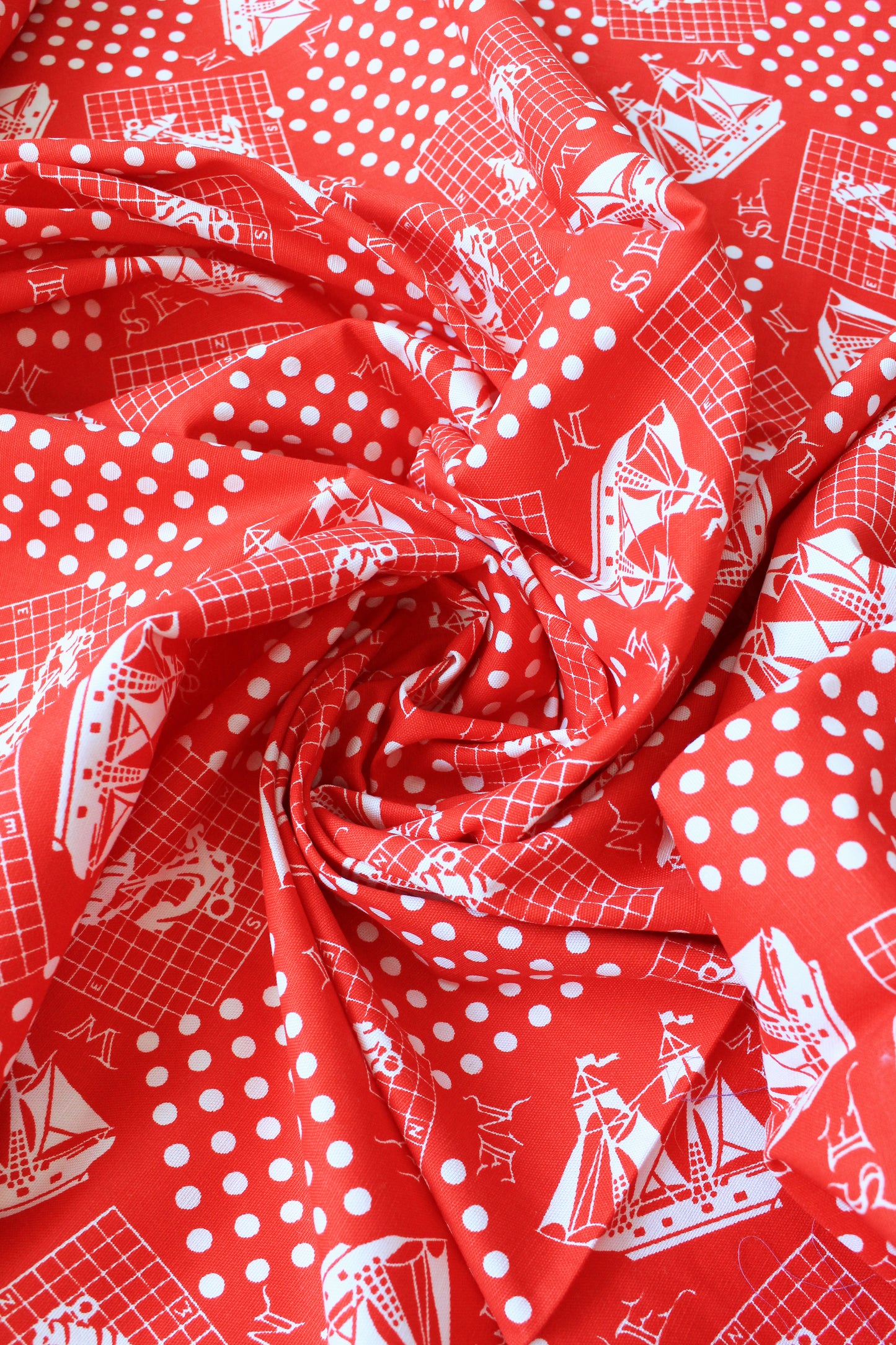 1980s Red And White Sailboat/Anchor Nautical Cotton Vintage Print Fabric, 4 Yards