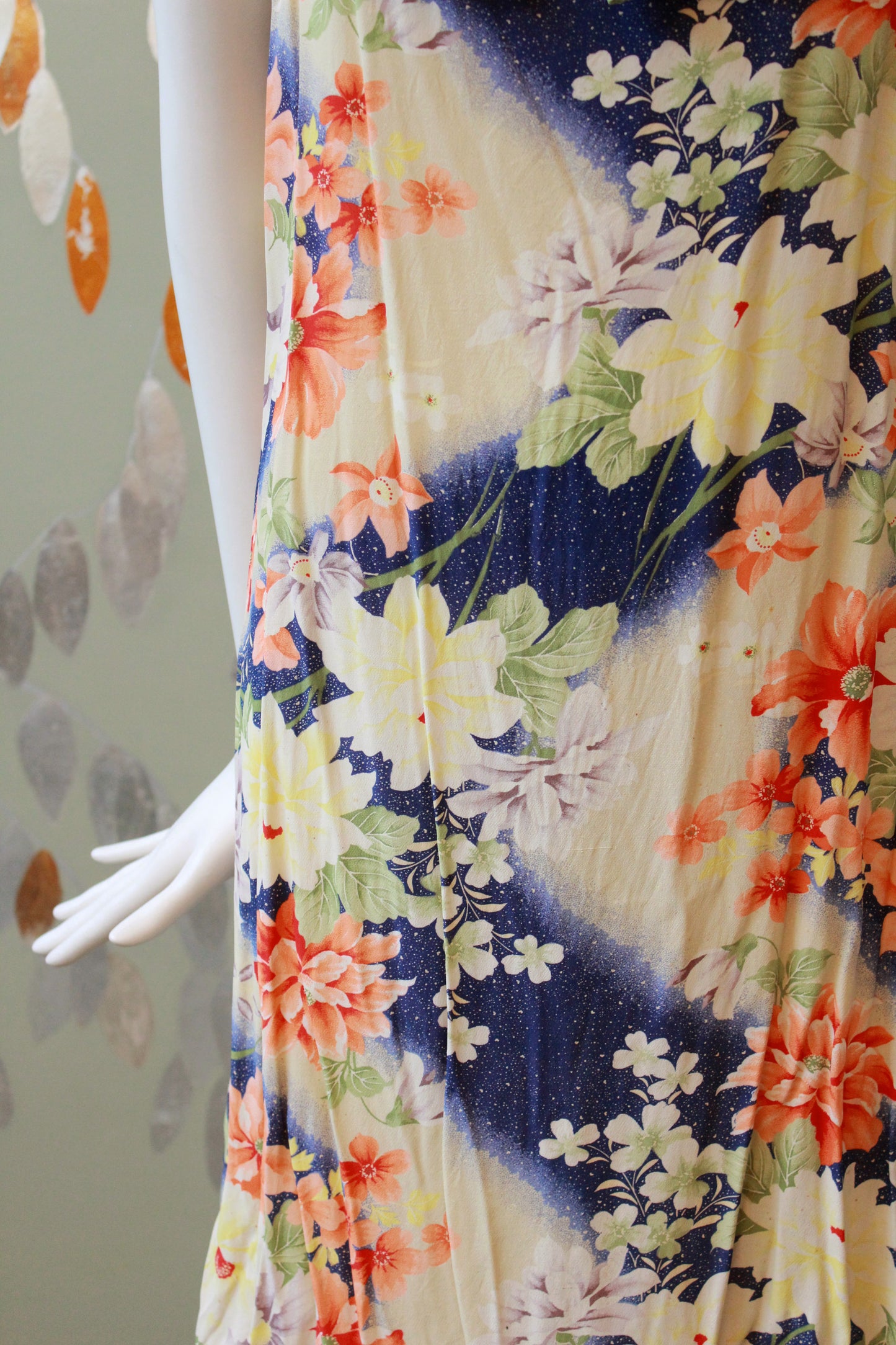 1930s Bias Cut Yellow And Orange Floral Gown With Train, Small