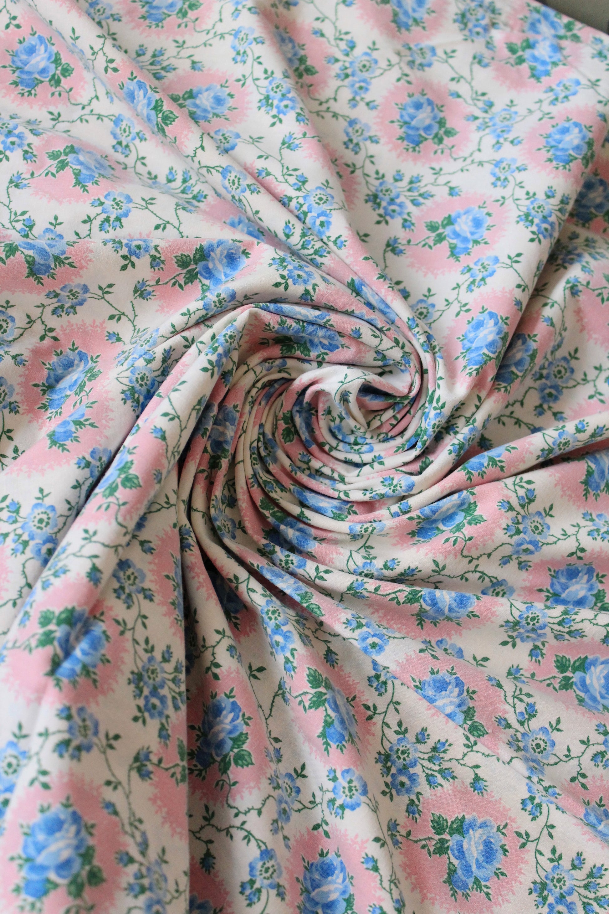 1950s Light Blue And Pink Floral Cotton Duvet Cover, 4.4 Yards Of Fabric