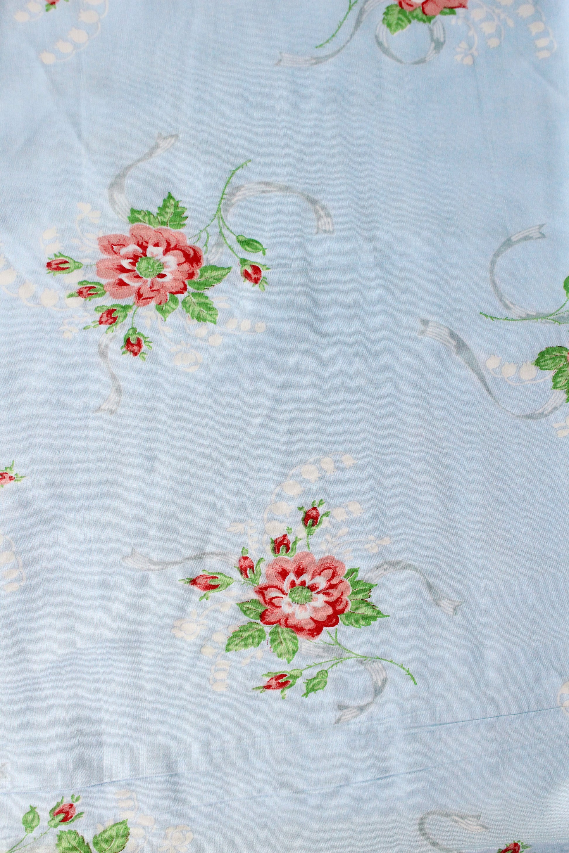 1940s Light Blue Cotton Fabric With Pink Flowers, 9 Yards