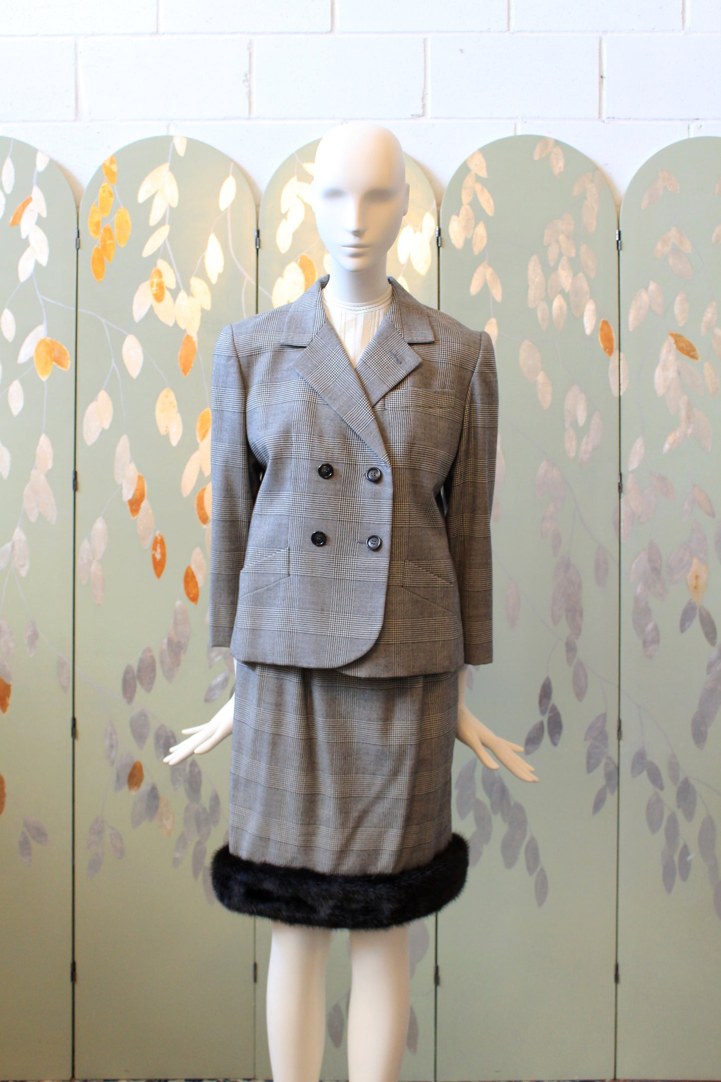 1990s Lily Simon 3PC Houndstooth Fur Trim Skirt Set With Scarf, Small