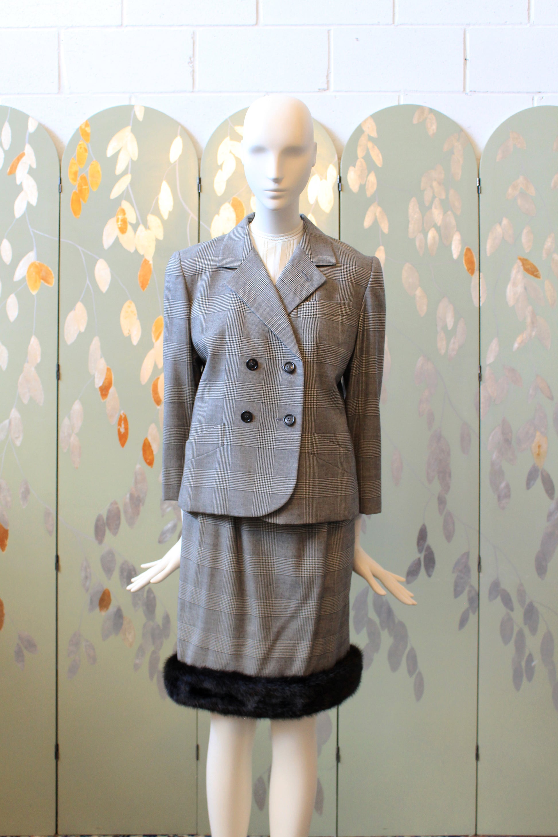 1990s Lily Simon 3PC Houndstooth Fur Trim Skirt Set With Scarf, Small