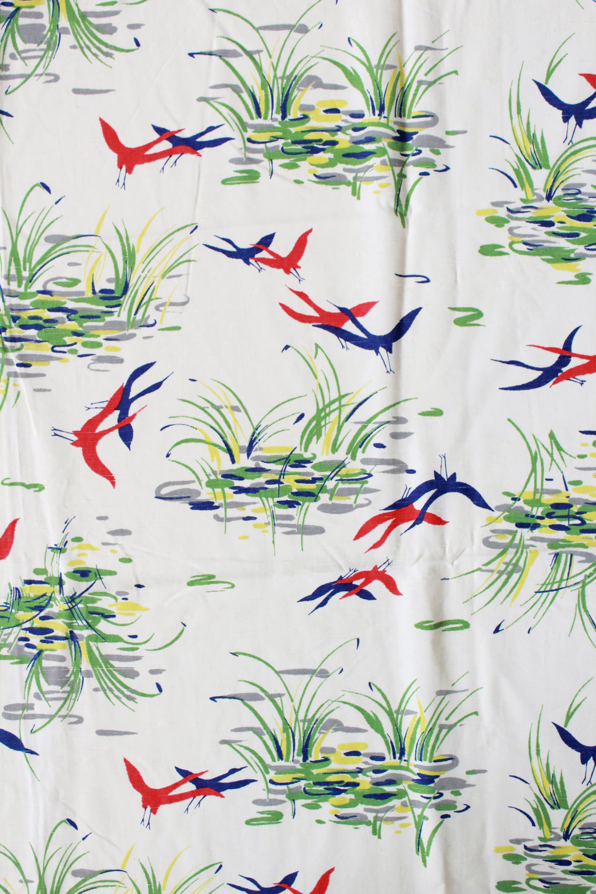 Vintage 1940s Rayon Novelty Print Fabric With Cranes On Pond, 1.5 Yards