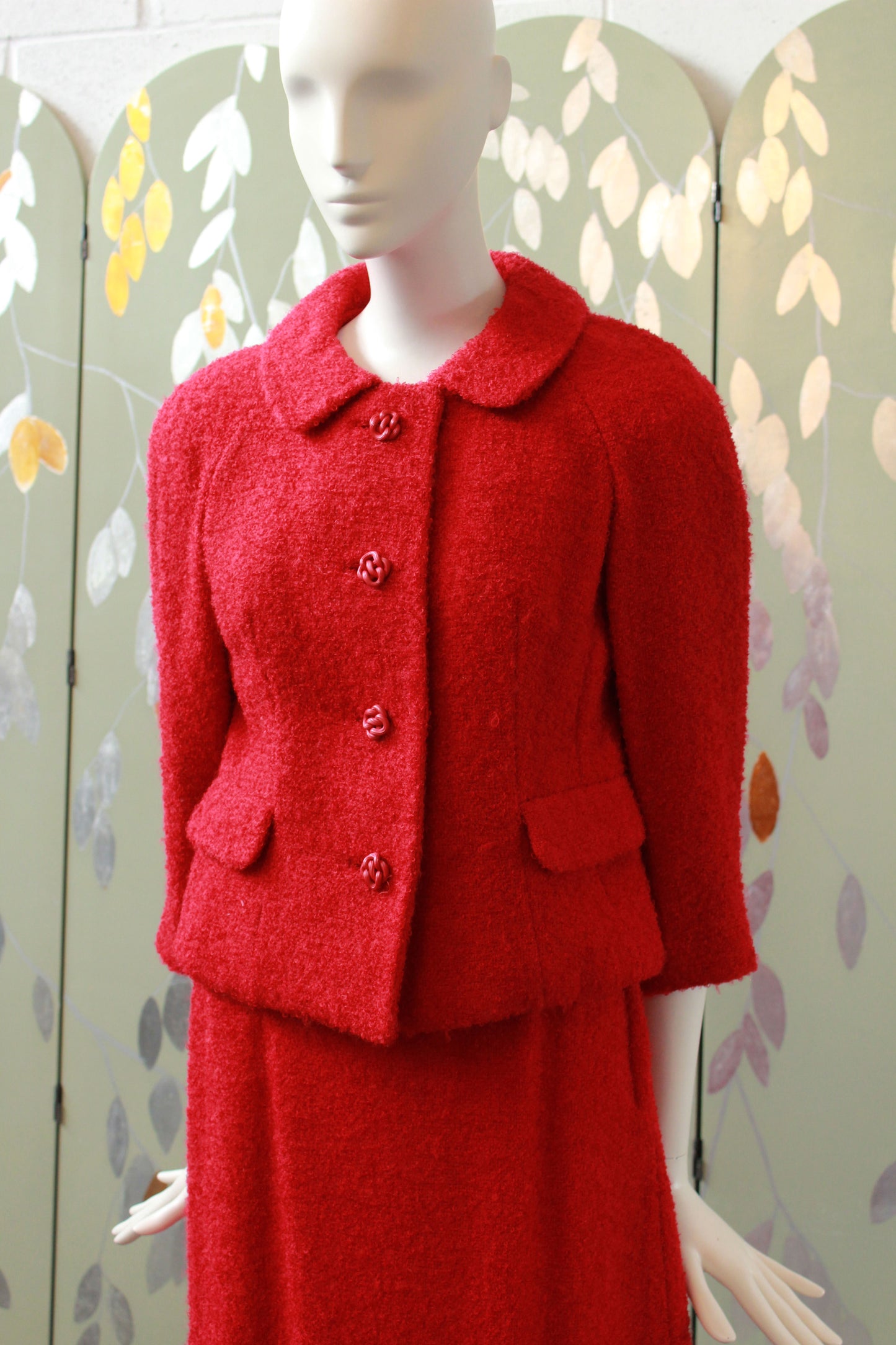 Vintage 1960s Red Jackie O Style Skirt Set With Intricate Buttons, XS