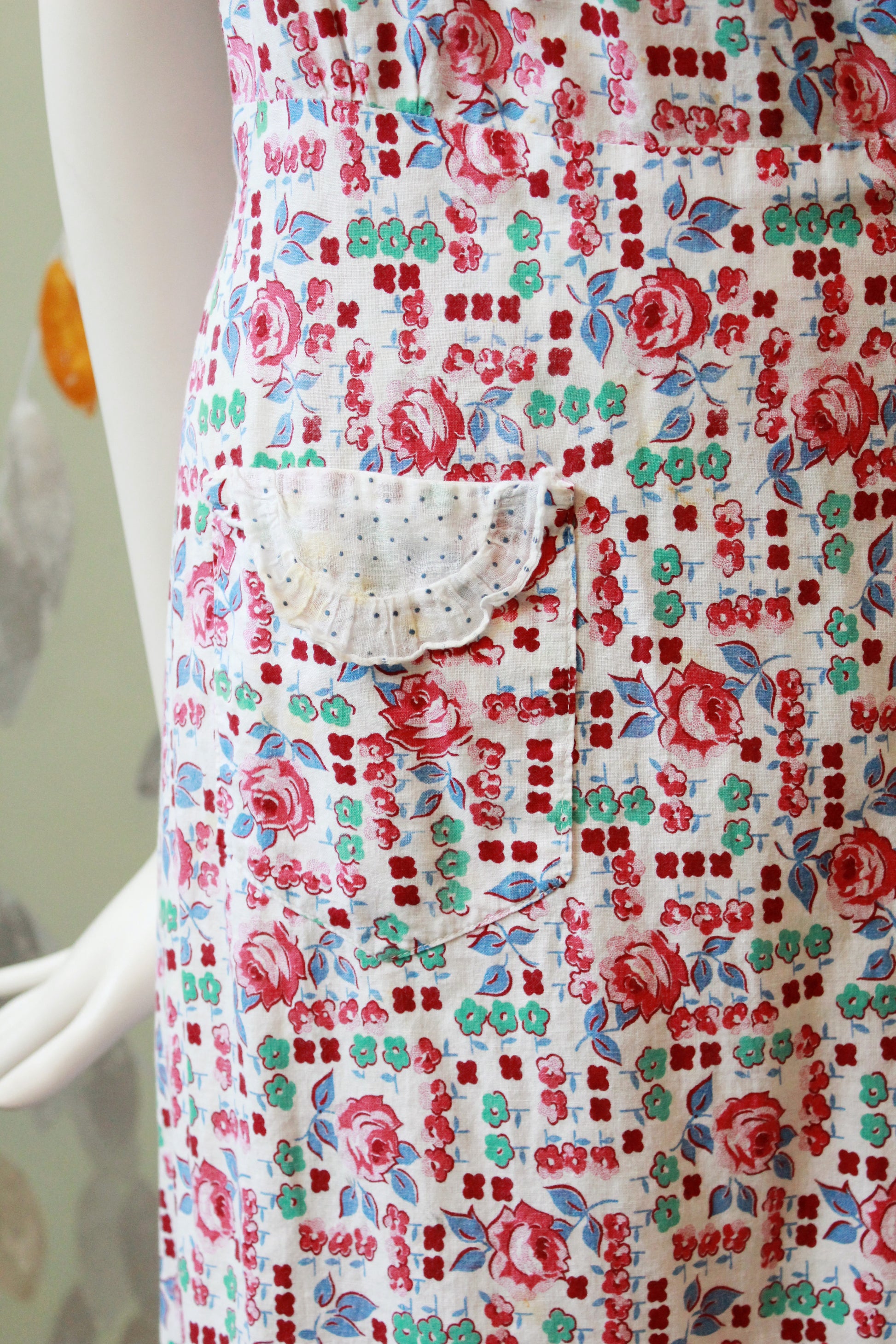 1940s  Floral Cotton Wrap House Dress With Embroidery, Medium