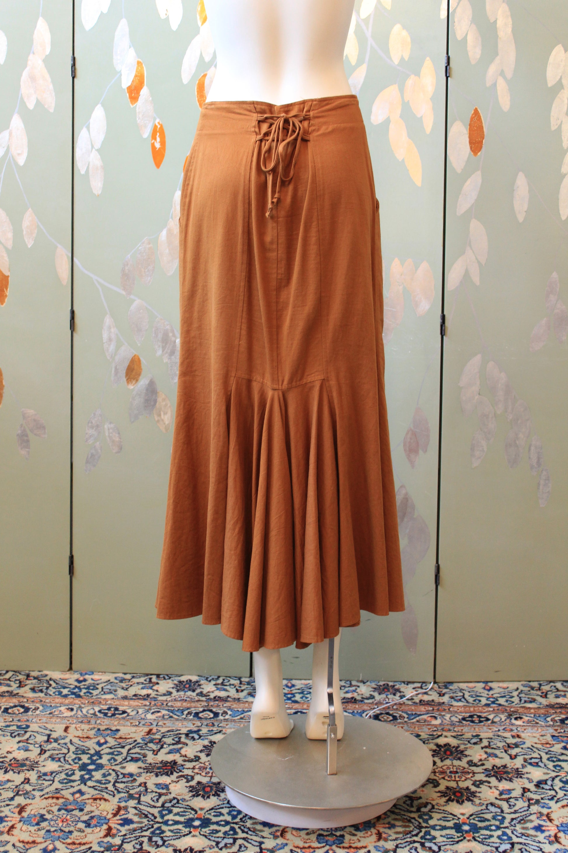 1980s Casual Boho Tan Lace Up Contempo Casuals Skirt, Small/Medium