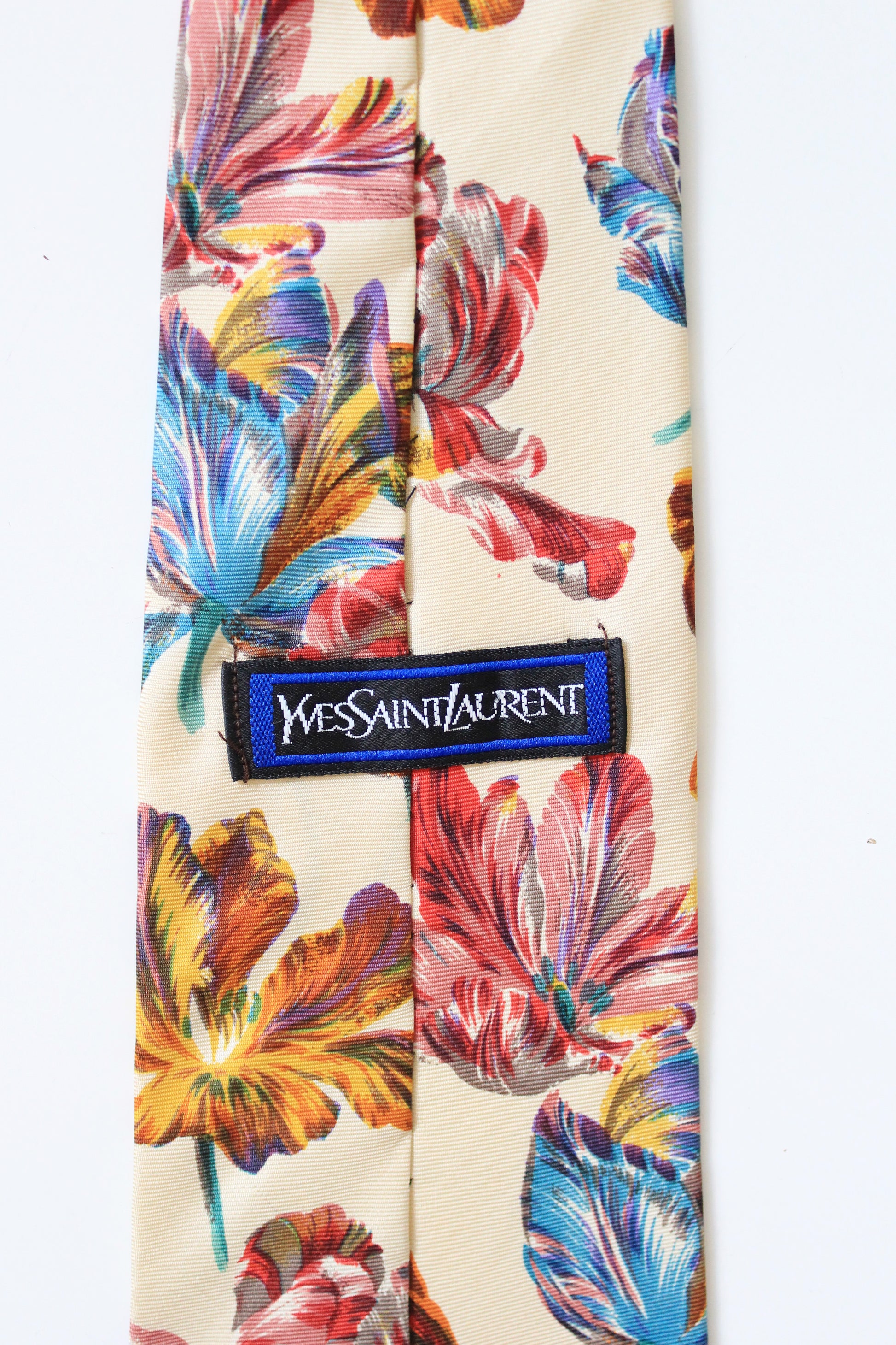 1990s YSL Multicoloured Flowers Silk Designer Tie With Ivory Base