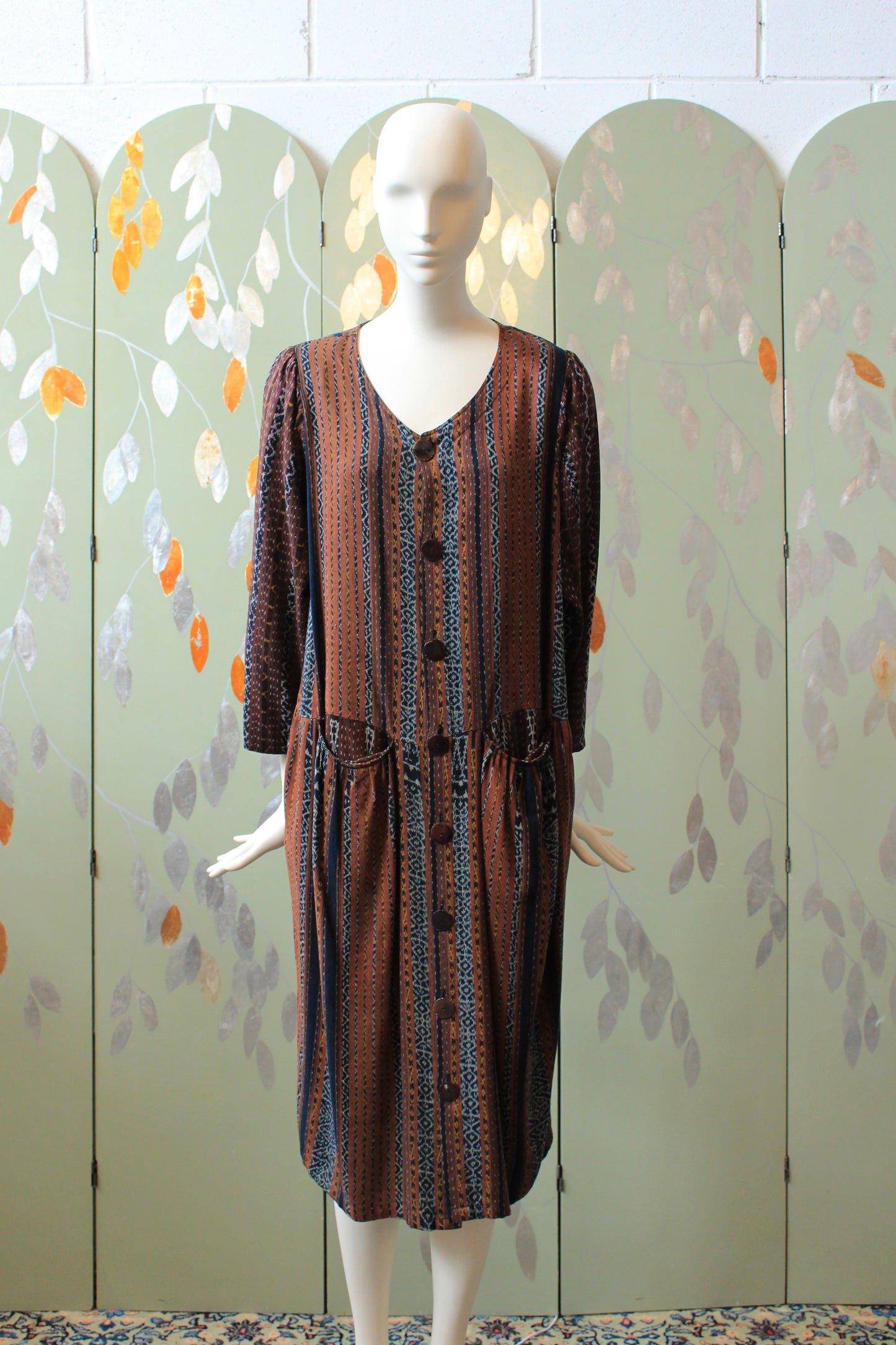 1990s Koochee Pattered Stripe Dress with Button Front, Small/Medium