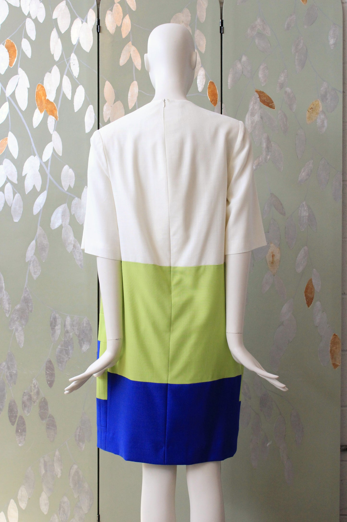 1980s Green and Blue Geometric Colour Block Shift Dress, Medium