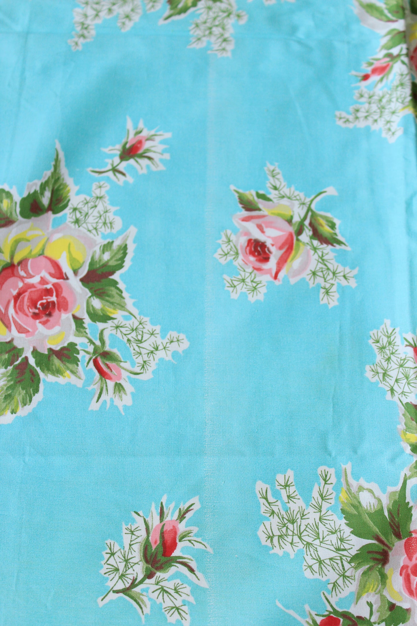 1950s Bright Blue And Romantic Illustrated Floral Cotton Fabric, 3.9 Yards