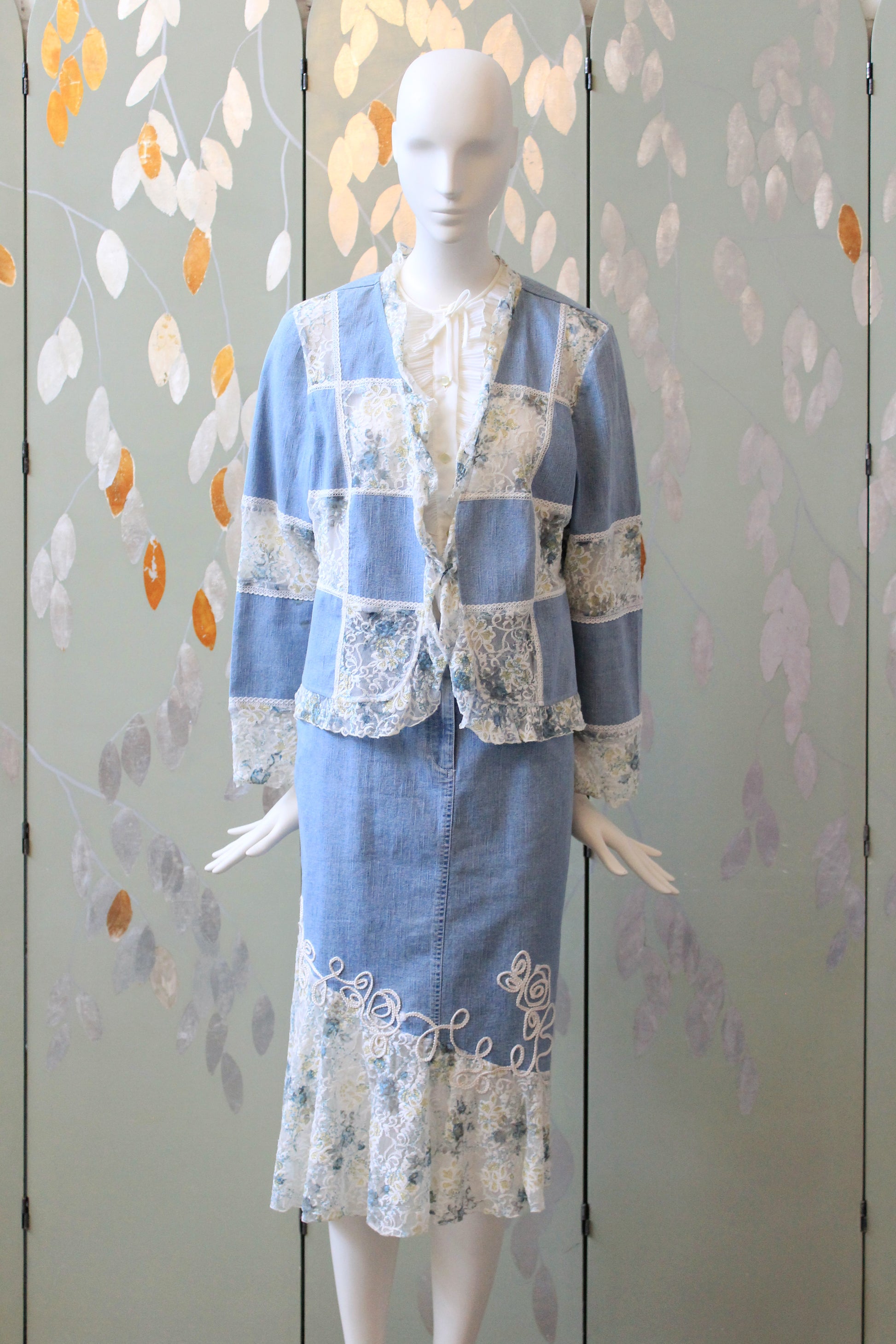 Early 2000s Denim and White Lace Skirt Matching Set, Medium 