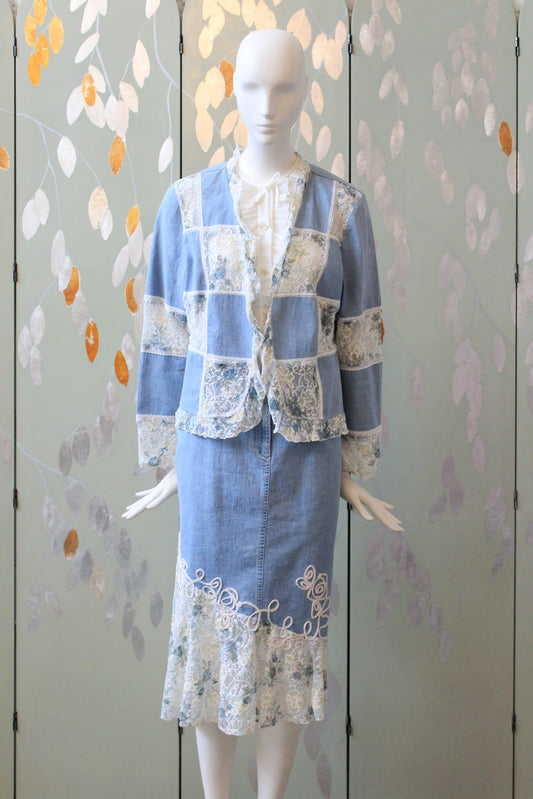 Early 2000s Denim and White Lace Skirt Matching Set, Medium 