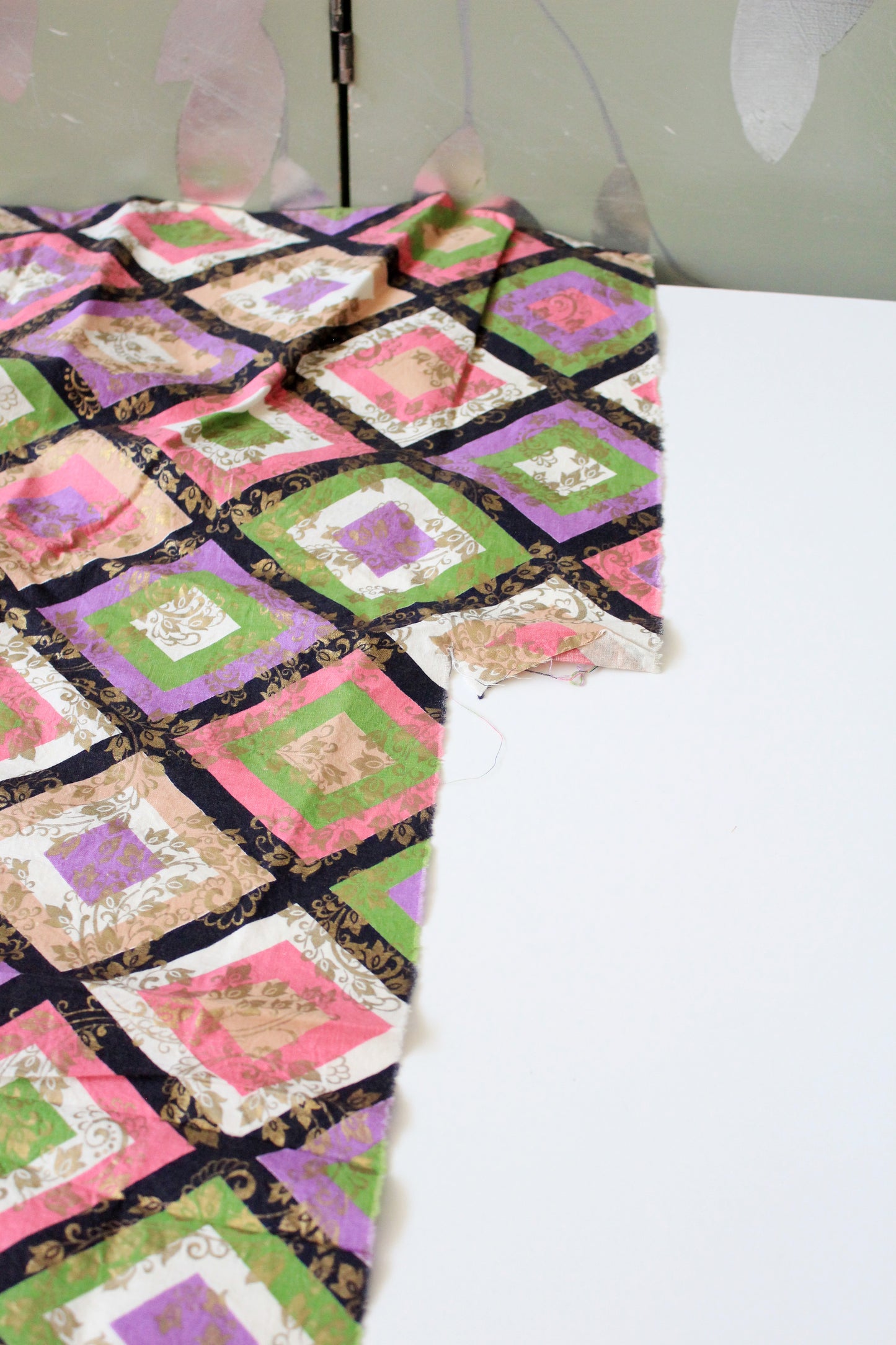 1960s Colourful Geometric Diamond Print Fabric Pink/Green/Purple, 1.6 Yards / 4.1 Yards