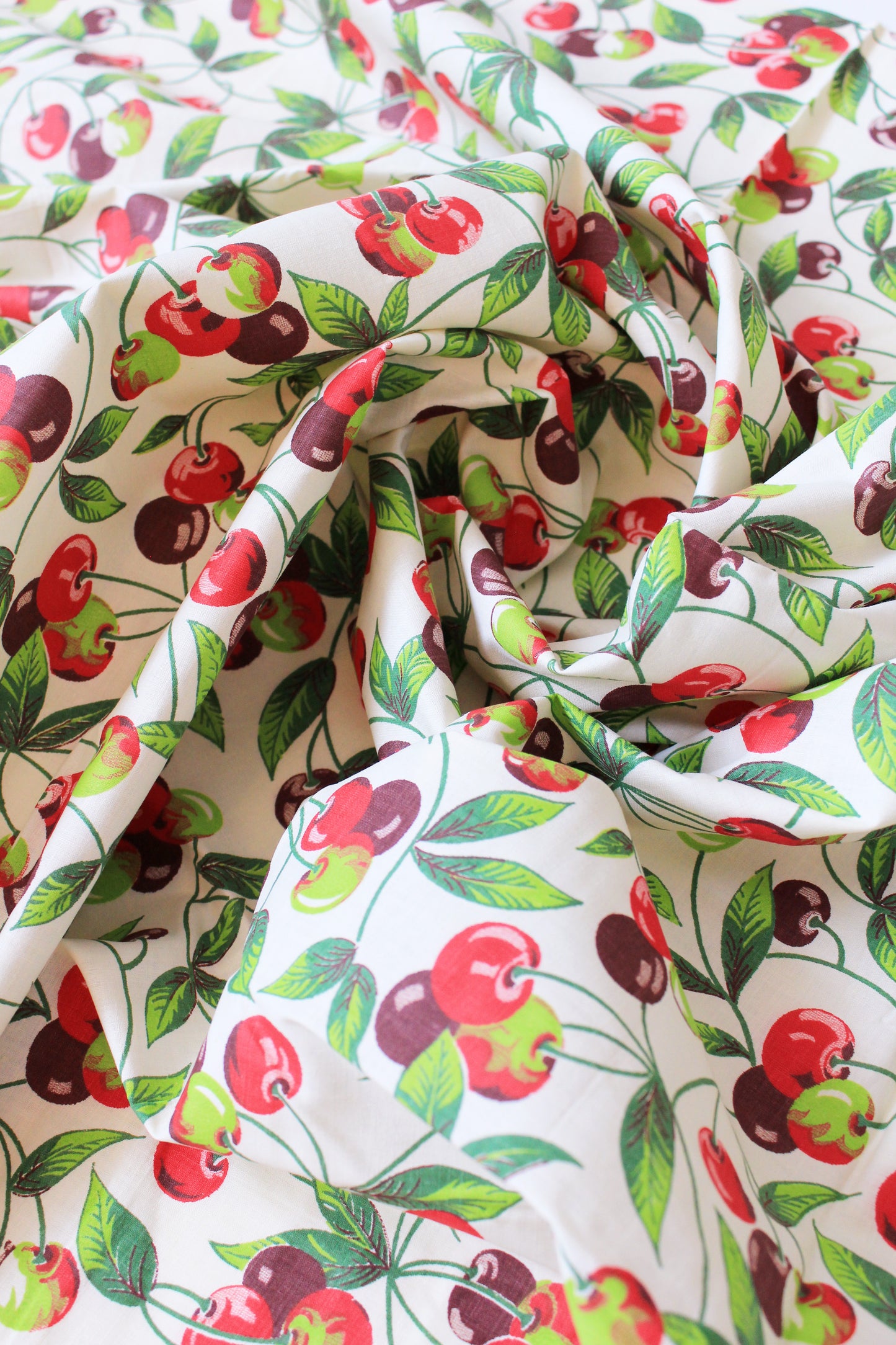 1950s Novelty Red And Burgundy Cherry Fruit Print Cotton Vintage Fabric, 5.1 Yards