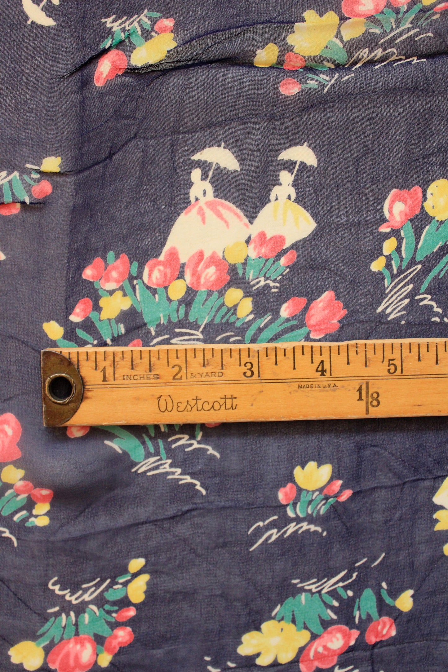 1940s Blue Sheer Fabric With Tulips And Victorian Ladies, Rayon Fabric, 3.8 Yards