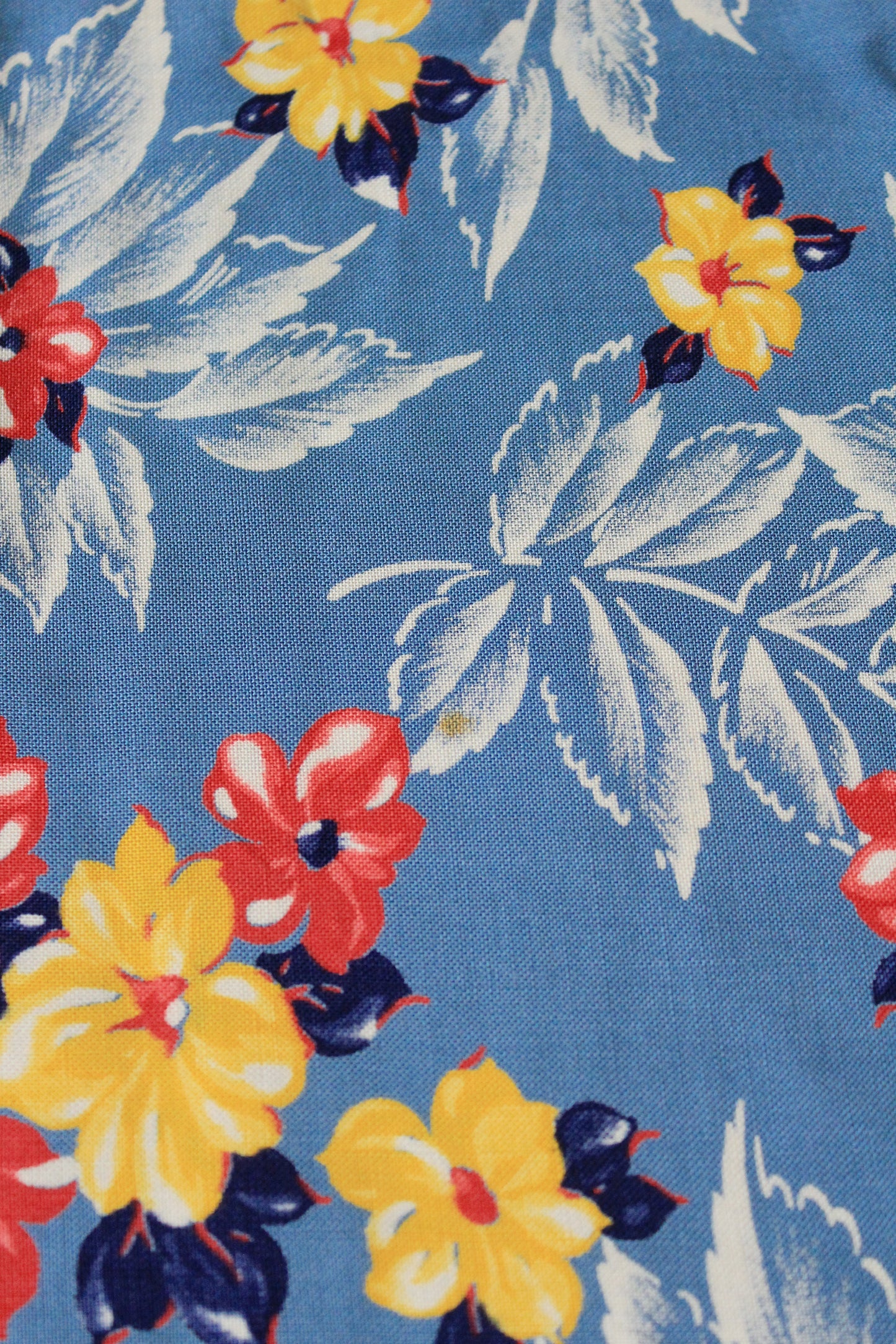 1940s Light Blue Rayon Fabric With Red And Yellow Tropical Flowers, 6.5 Yards