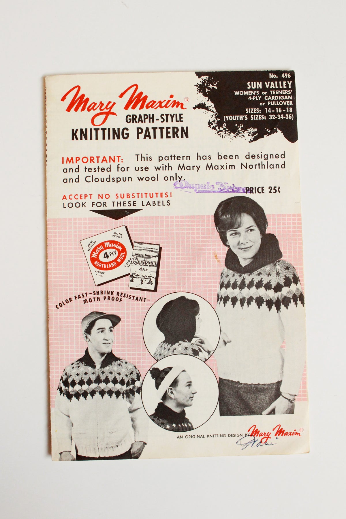 1960s Mary Maxim Womens or Teen 4 ply Kitting Pattern 492, Sun Valley Cardigan