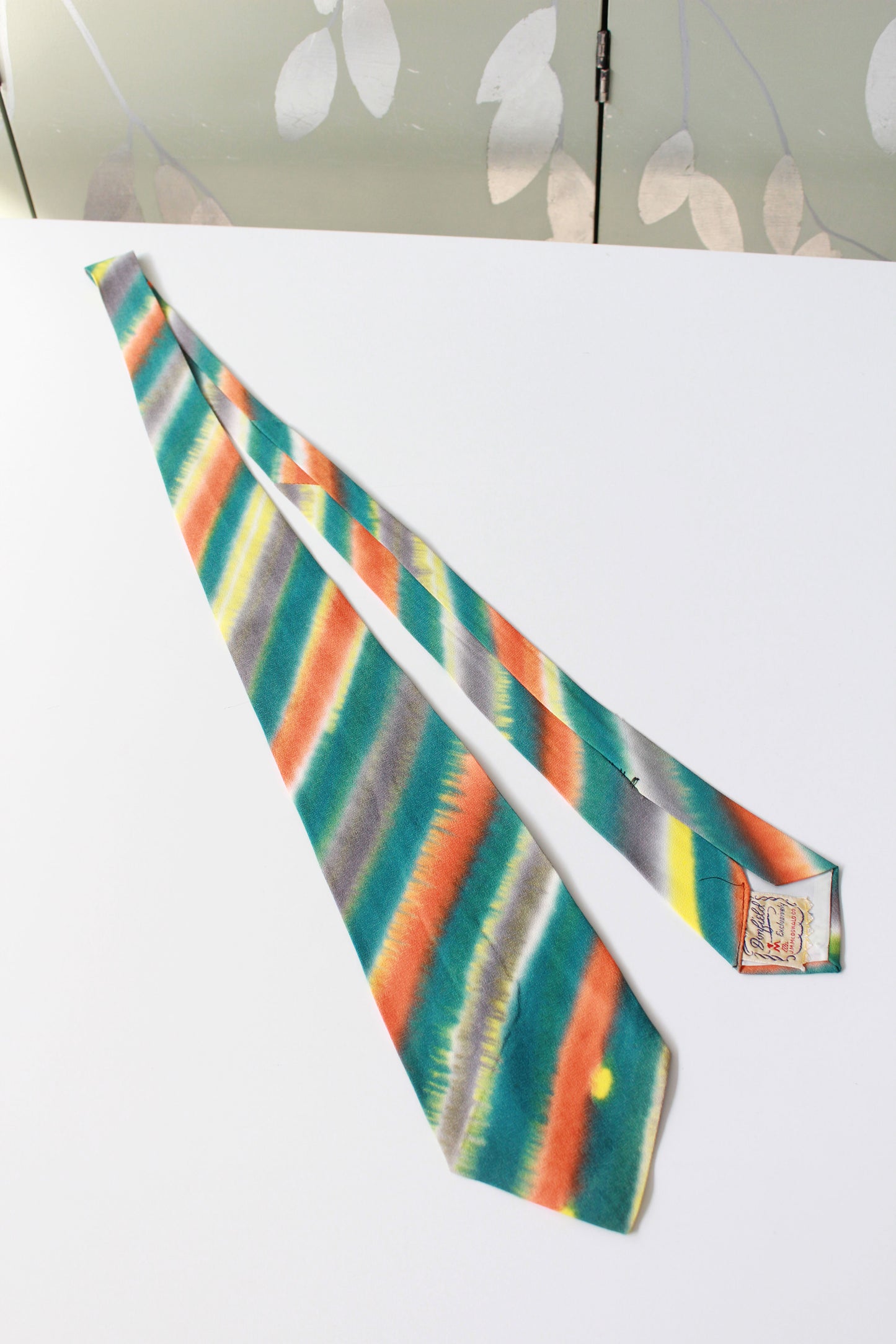 Vintage 1950s Neon Teal Orange And Yellow Striped Hand Painted Tie