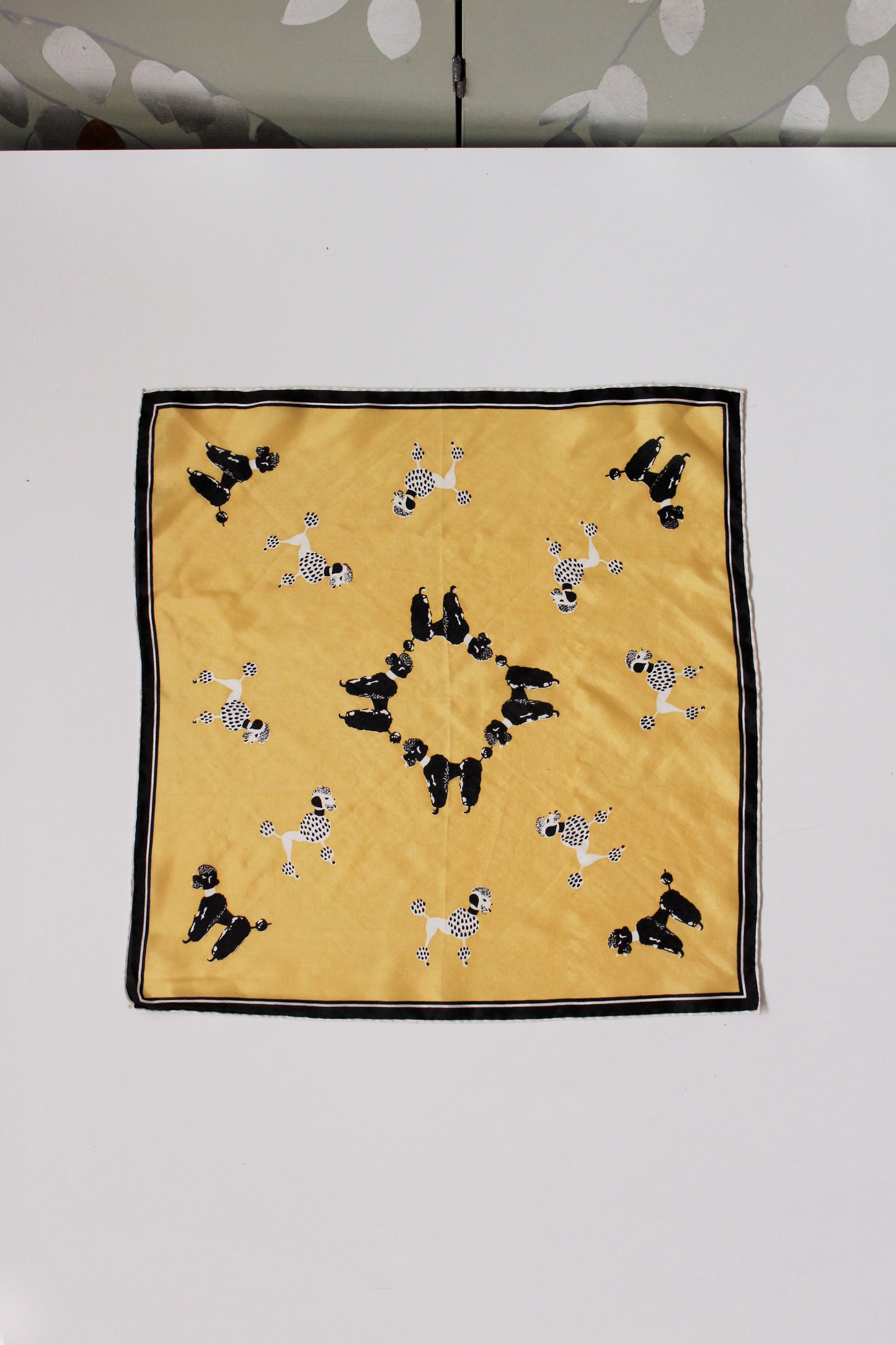 1960s Yellow Black And White Poodle Silk Pocket Square