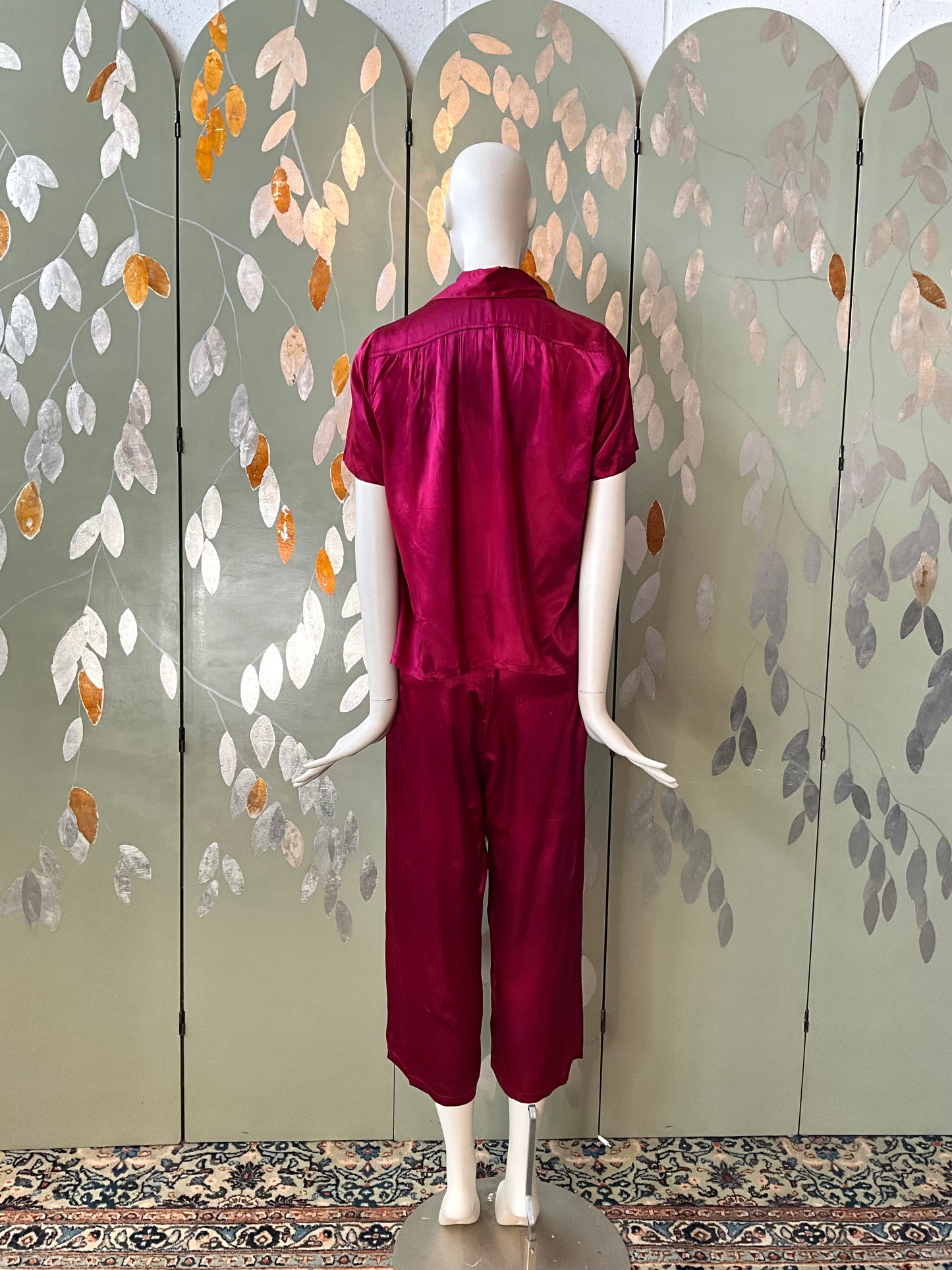 Vintage 1940s Burgundy Satin Pyjamas and Robe, XS or Junior