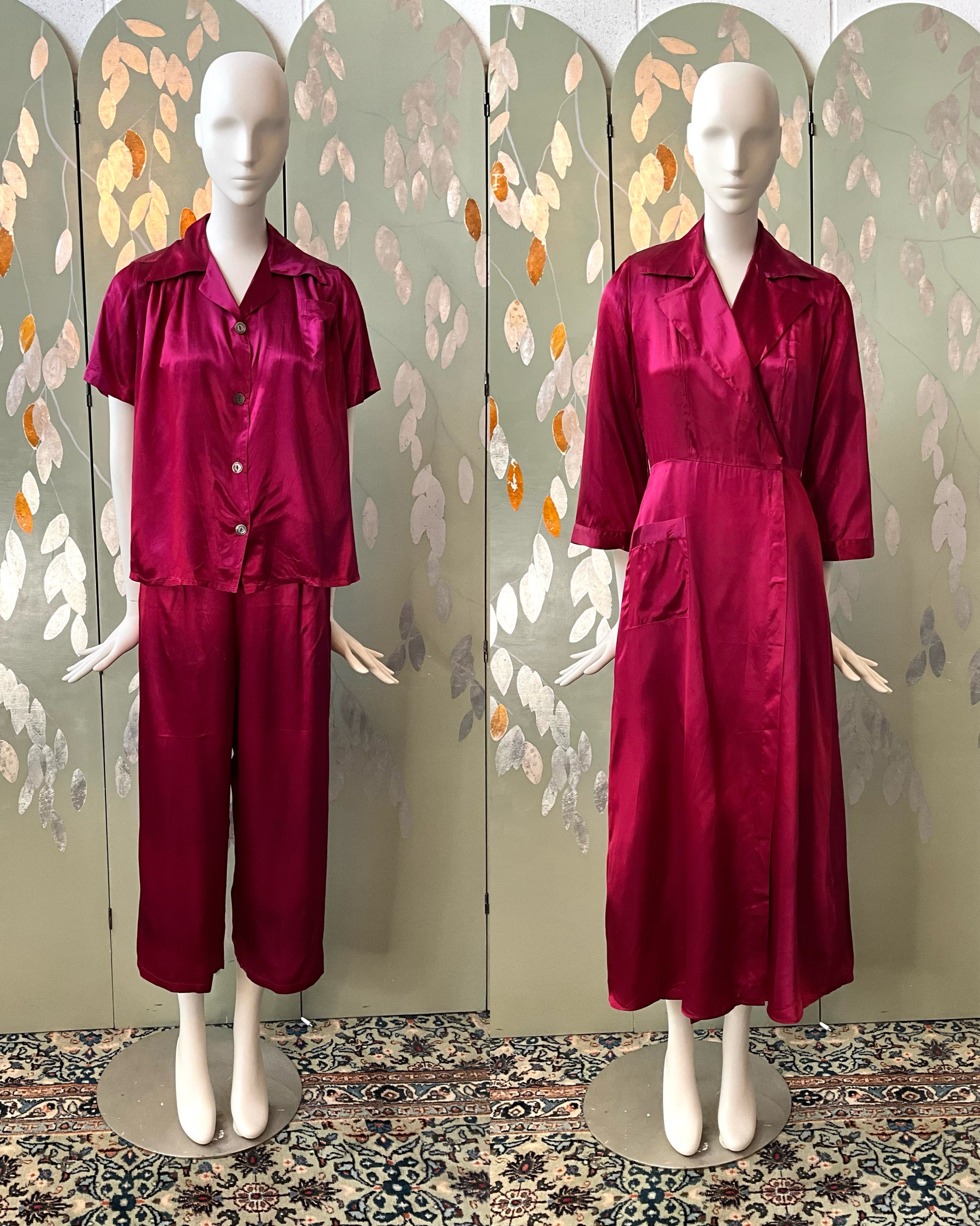 Vintage 1940s Burgundy Satin Pyjamas and Robe, XS or Junior – Ian ...