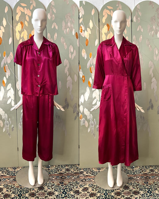 Vintage 1940s Burgundy Satin Pyjamas and Robe, XS or Junior