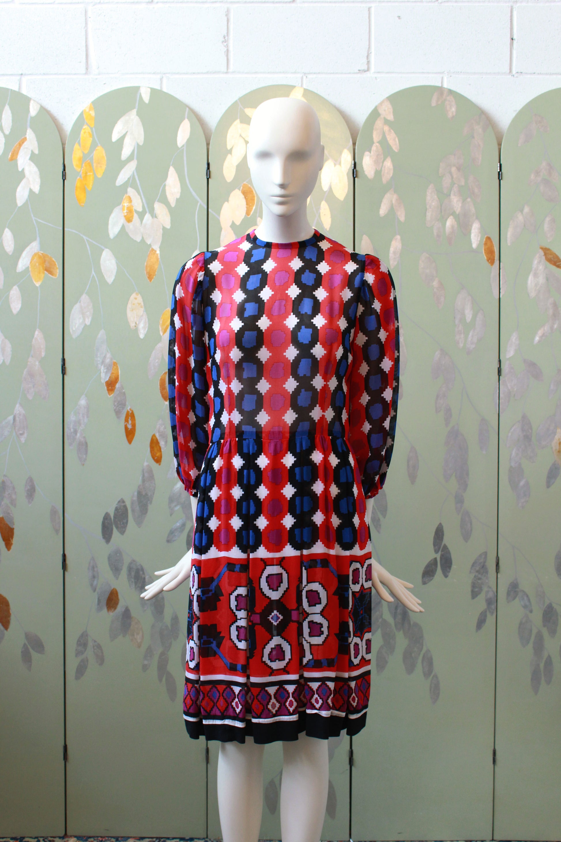 Vintage 1970s Chiffon Circle Print Tunic Party Dress, XS