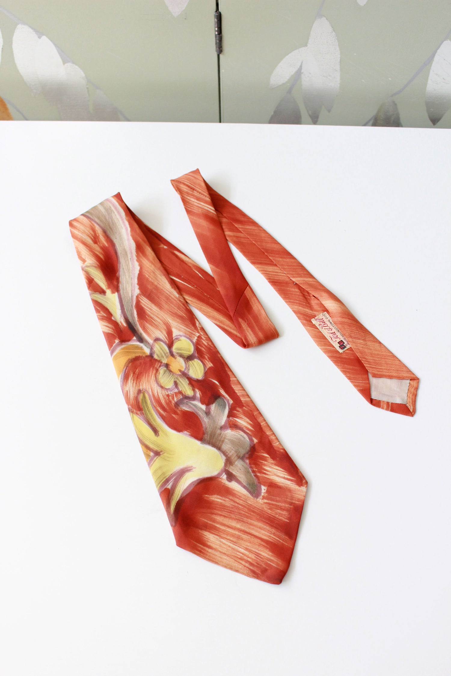 Vintage 1940s Mid Century Hand Painted Orange Tie With Yellow Flowers