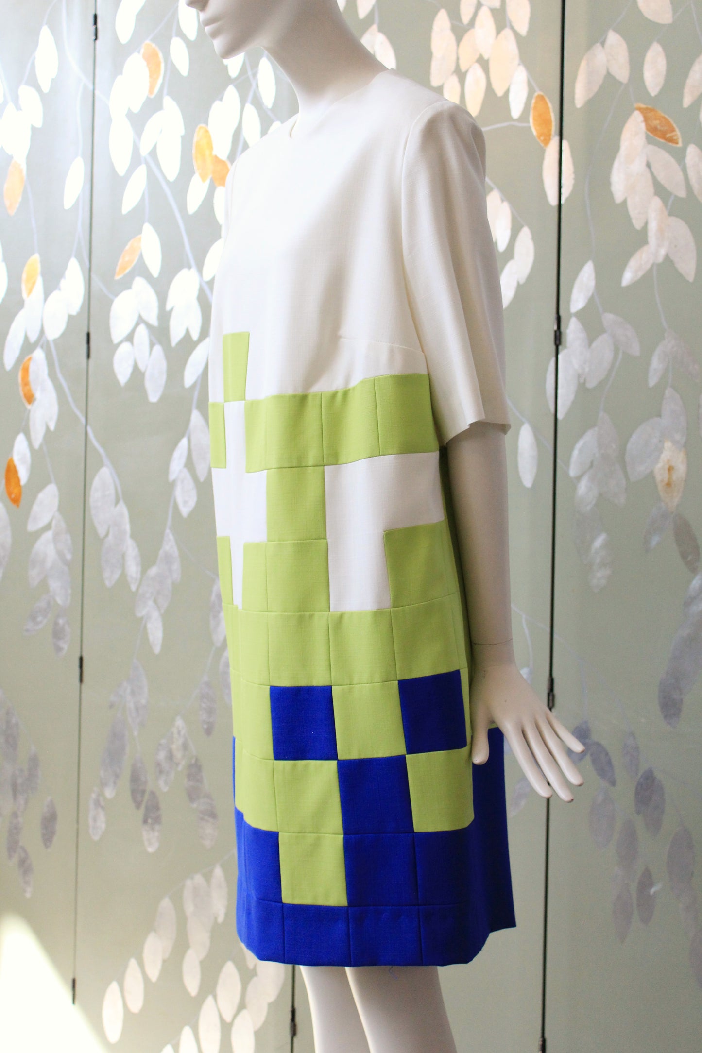 1980s Green and Blue Geometric Colour Block Shift Dress, Medium