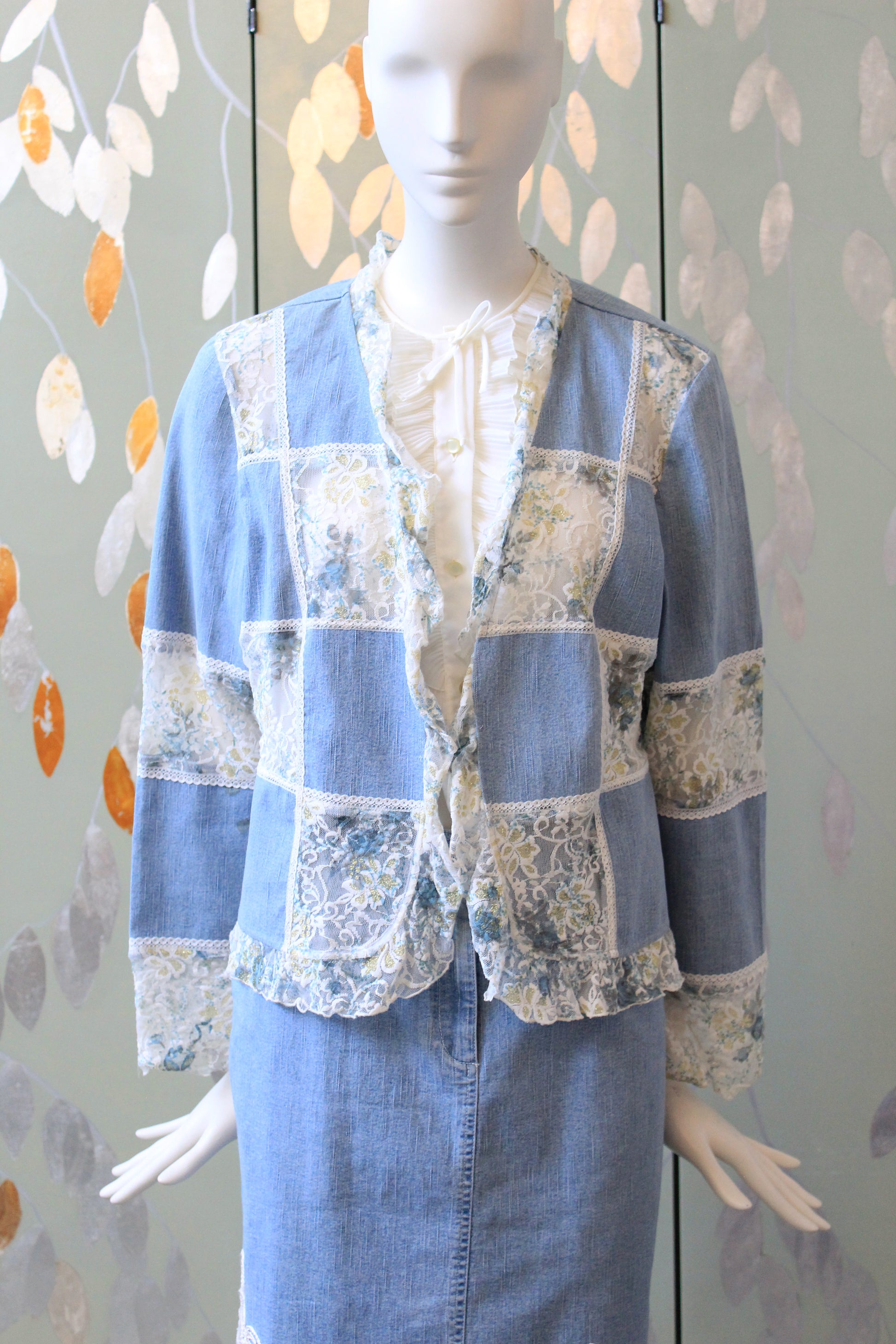 Early 2000s Denim and White Lace Skirt Matching Set, Medium 