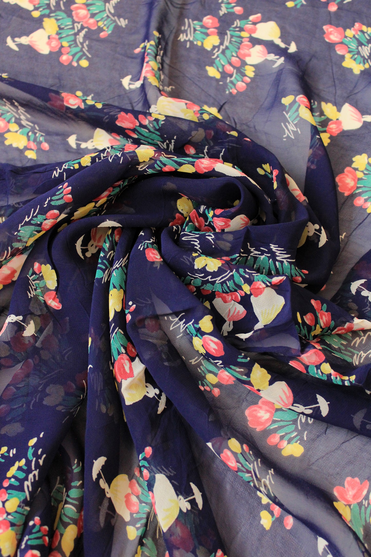 1940s Blue Sheer Fabric With Tulips And Victorian Ladies, Rayon Fabric, 3.8 Yards