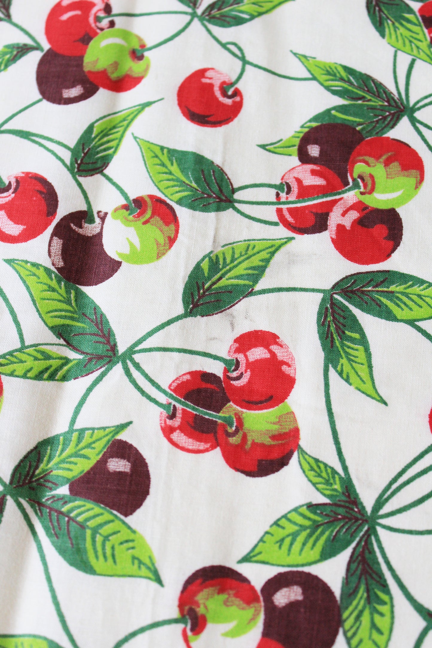 1950s Novelty Red And Burgundy Cherry Fruit Print Cotton Vintage Fabric, 5.1 Yards