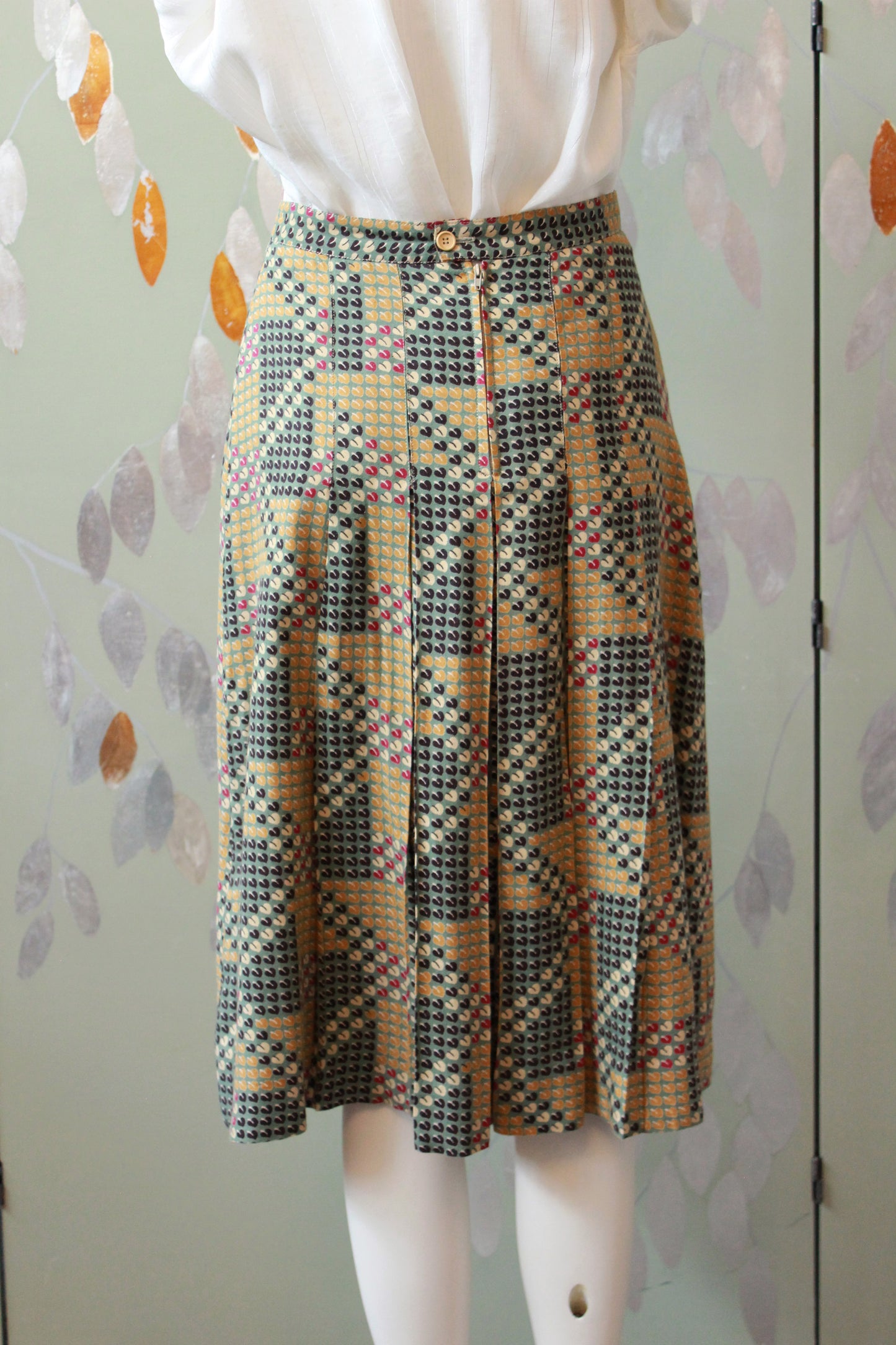 1970s Franck Olivier Pleated Leaf Print Skirt, Small