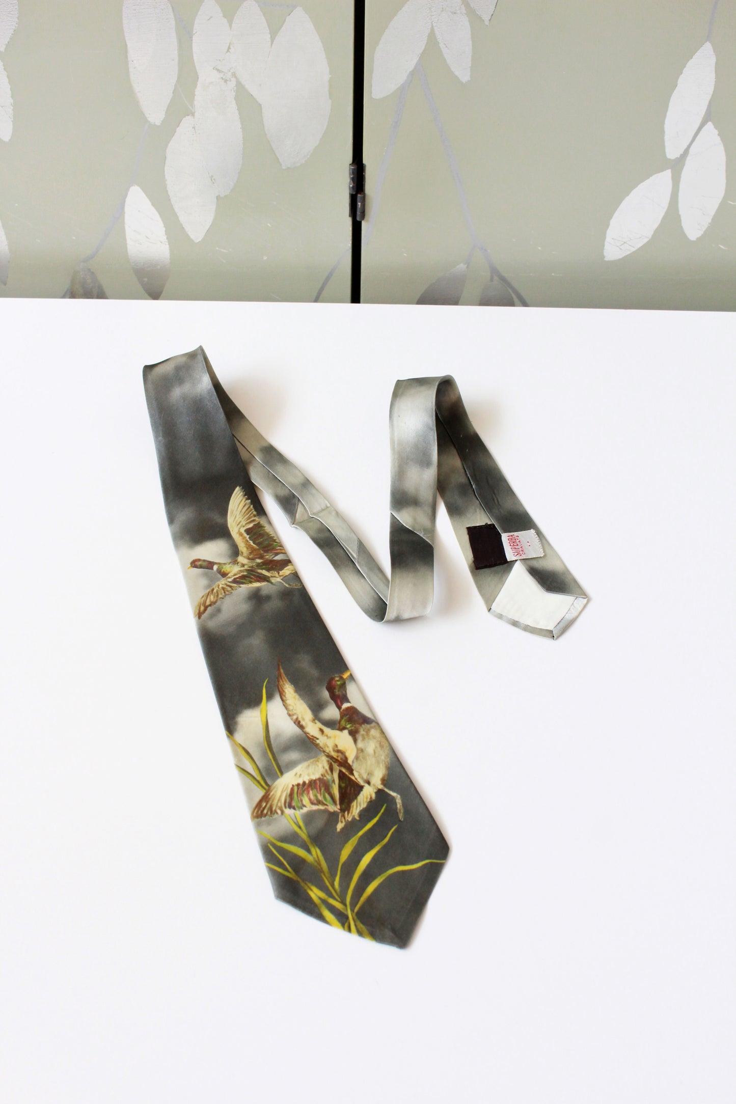 Vintage 1950s Grey Duck Rayon Photo Tie, Mid Century