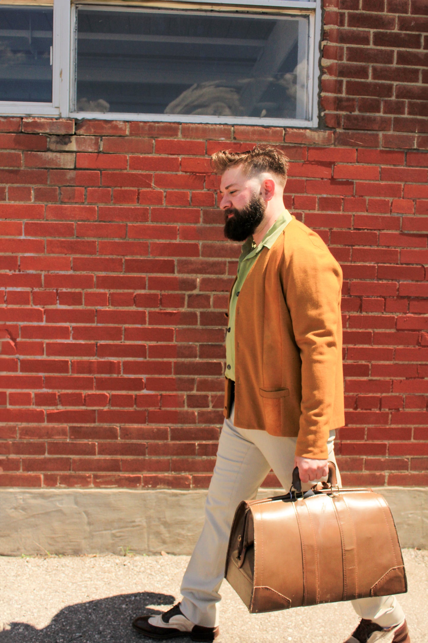 Vintage 1960s Men's Mustard Yellow Suede Panel Wool Cardigan, L/XL