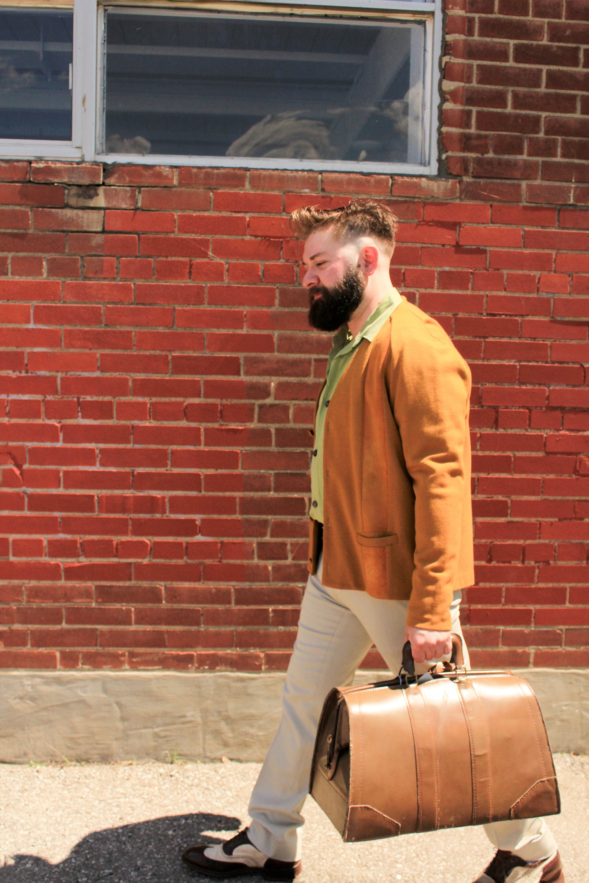 Vintage 1960s Men's Mustard Yellow Suede Panel Wool Cardigan, L/XL