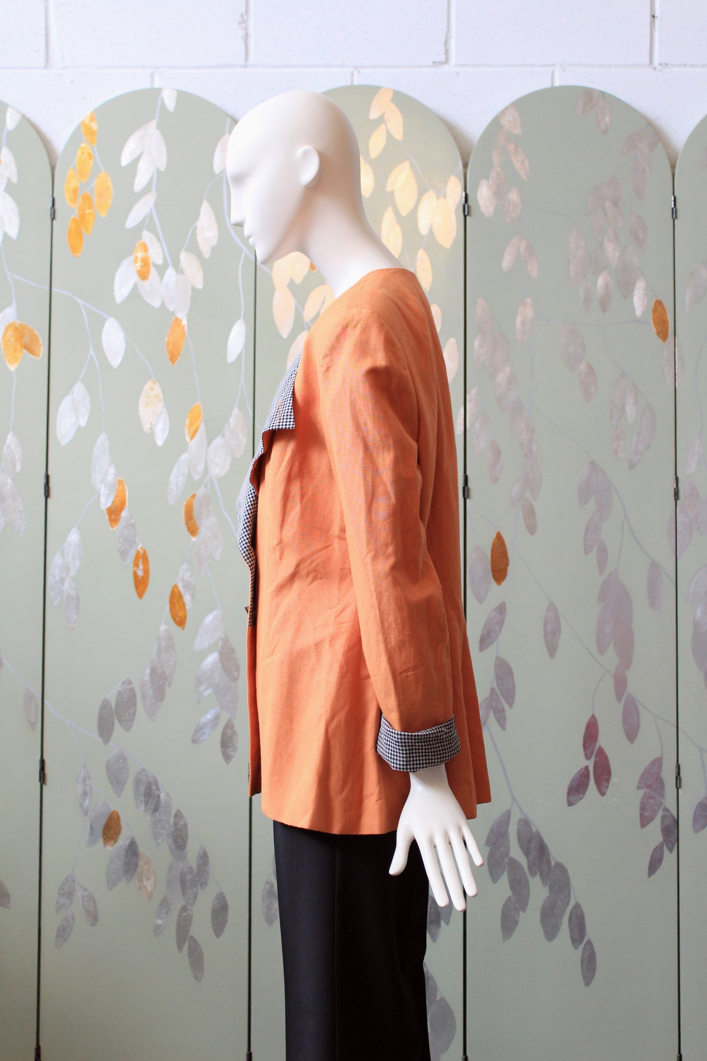1980s Orange With Black And White Gingham Lapel Blazer With Diagonal Closure, Large