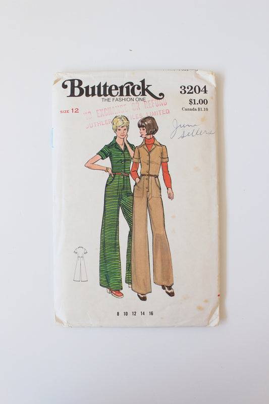1970s Fitted Jumpsuit Butterick 3204 Sewing Pattern, Cut, 12