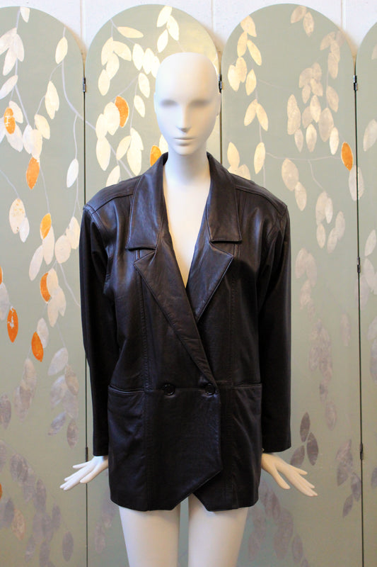 Vintage 1980s Black Leather Double Breast Blazer, Medium